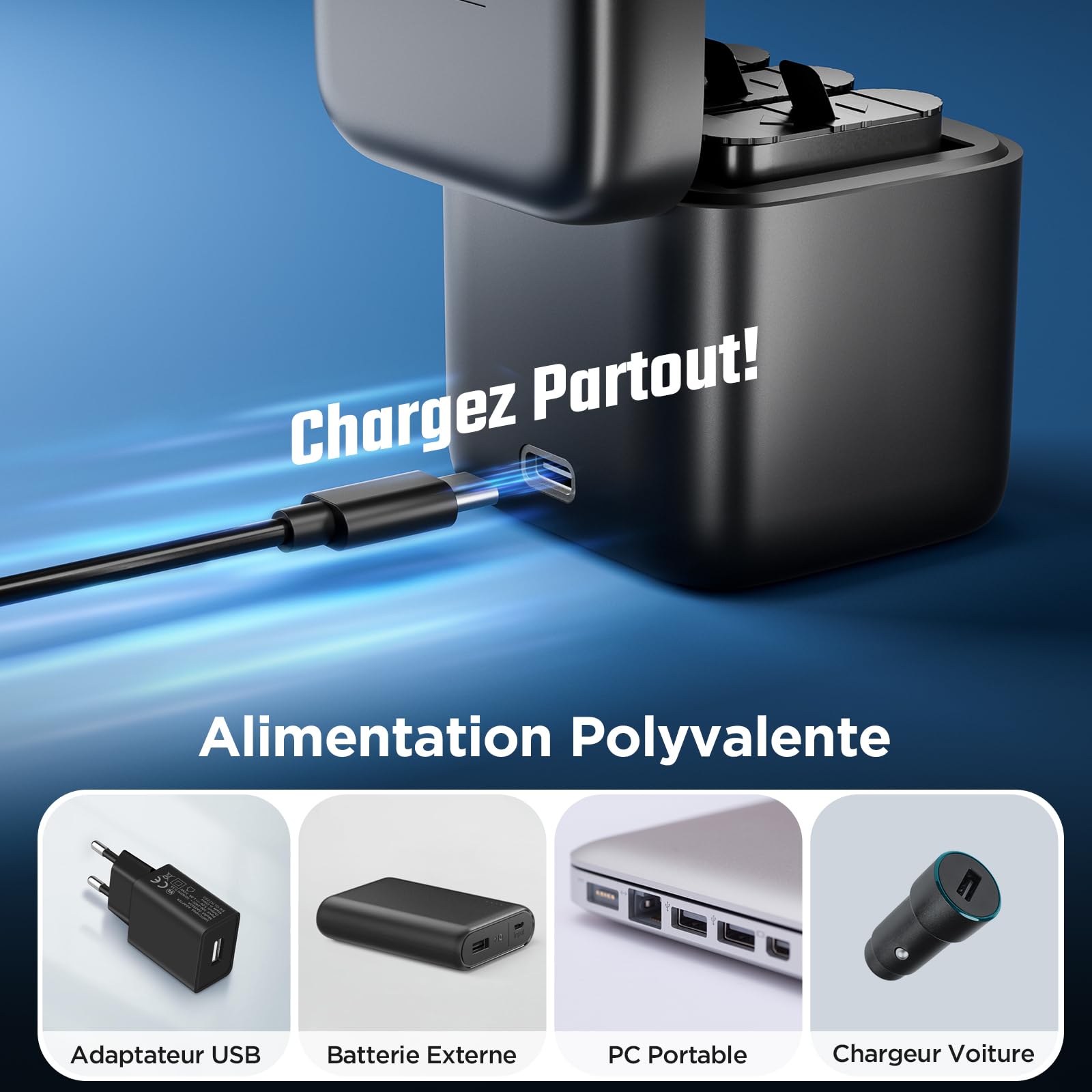 Jeebel Chargeur de batterie pour GoPro Hero 13 Black - Chargeur 3 canaux rapide 2,4 A USB-C - Compatible GoPro Hero 13 Black