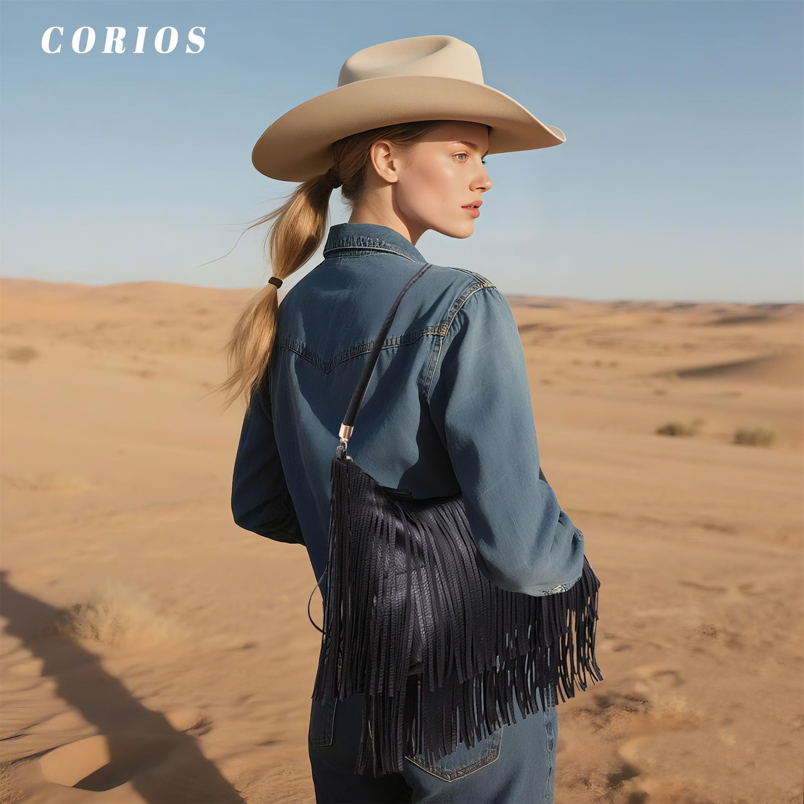 CORIOS Borsa a Mano Donna con Frange Borsa a Spalla in PU Pelle Stile Boemo Borsa a Tracolla Design con Frange Bilaterali Accessorio Trendy e Versatile Nero