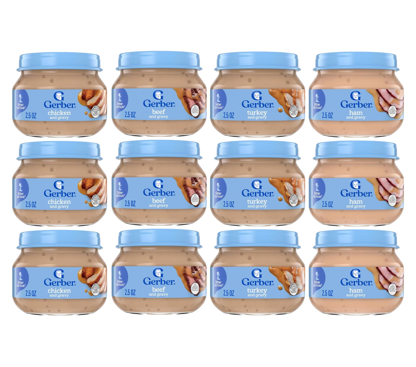 Gerber 2nd Foods 12 en total 2 frascos de 5 onzas de cada sabor 3 pavos con salsa de pavo 3 jamones con salsa de jamón 3 pollos con salsa de pollo 3 carnes con salsa de res