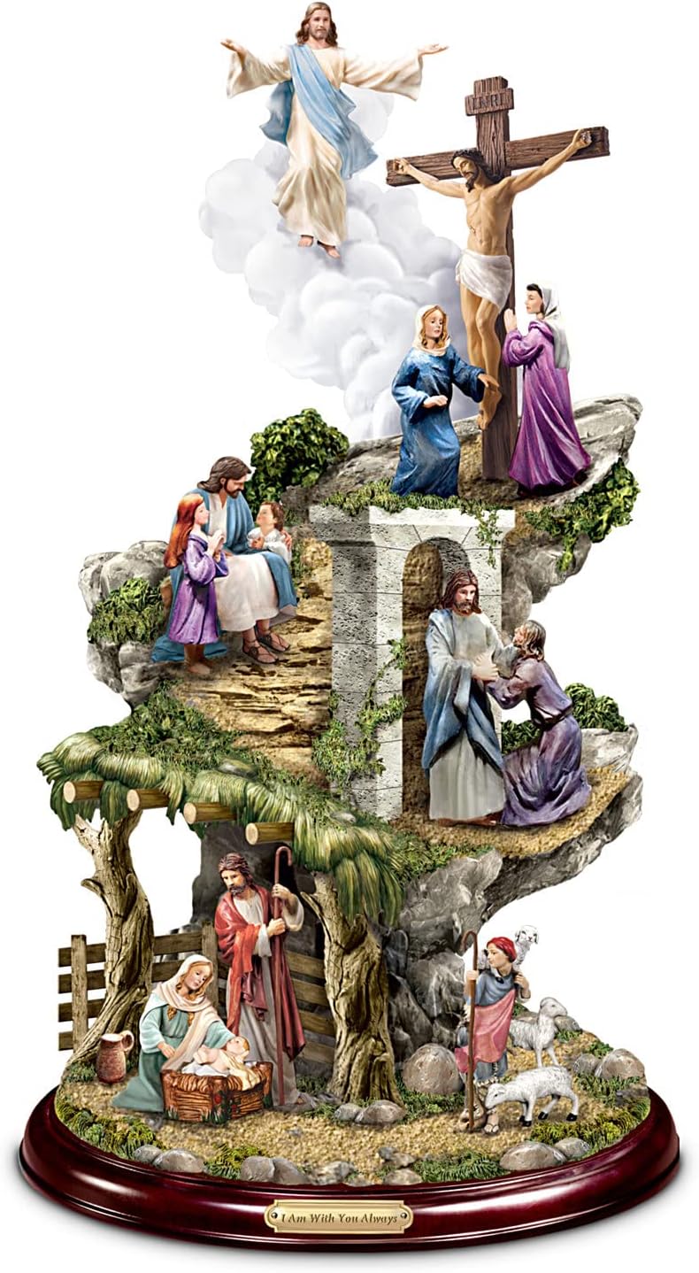 The Bradford Exchange Thomas Kinkade “Life of Christ” Masterpiece Sculpture, Limited Edition Collectible with Handcrafted Scenes of Nativity, Miracles, Crucifixion & Resurrection on Mahogany Base