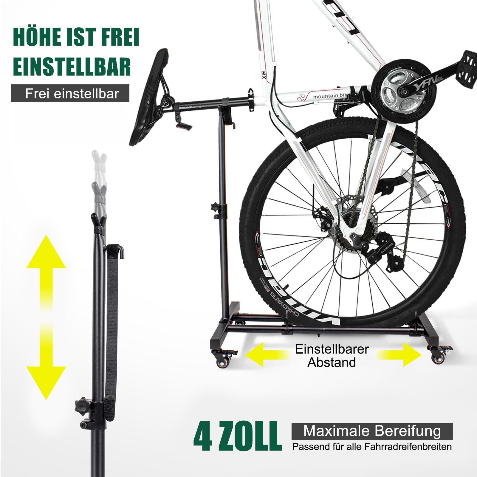 Mimoke Pionowy stojak rowerowy – stojak rowerowy z zamykanymi kółkami, regulowana wysokość, do wszystkich typów rowerów o szerokości opony do 10 cm