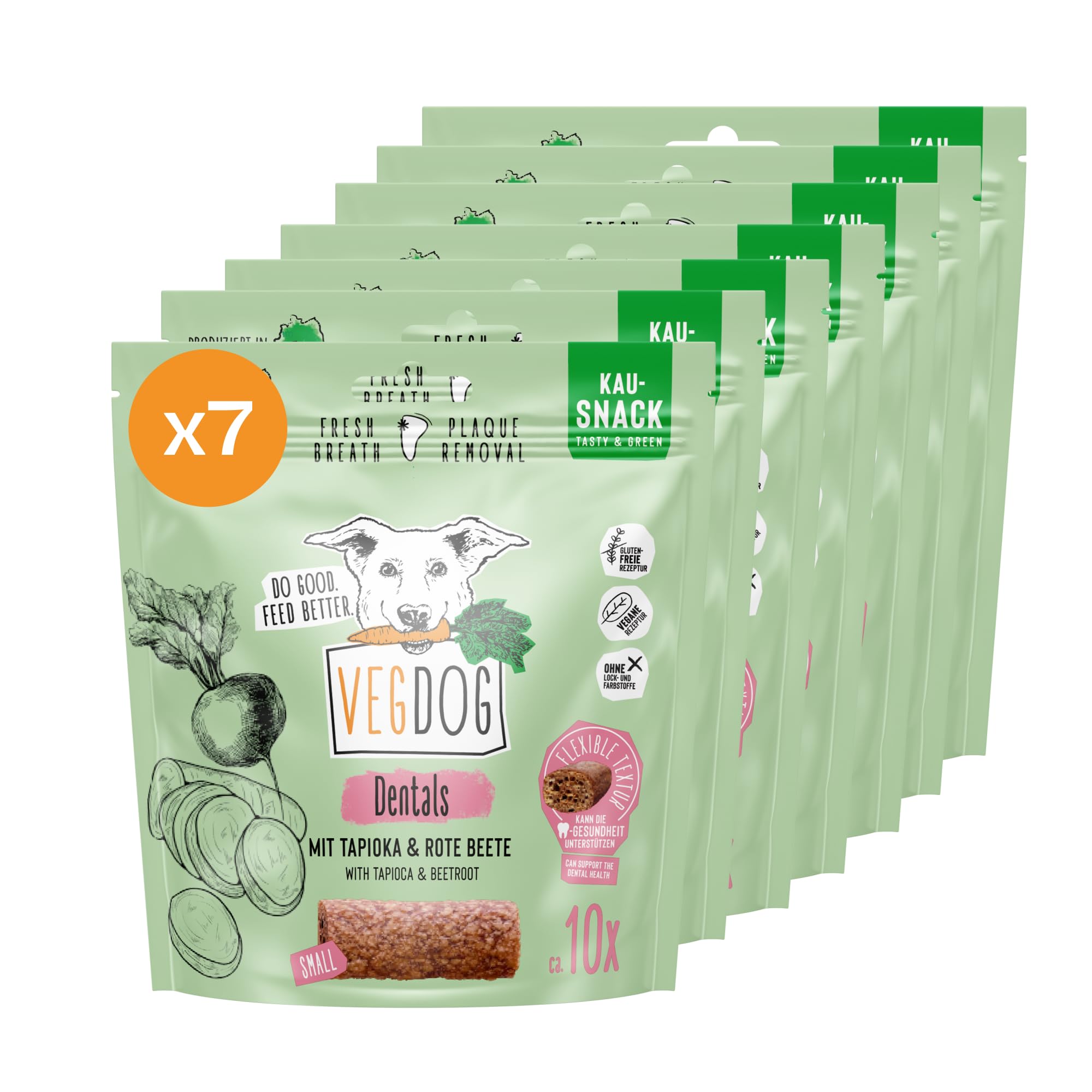 VEGDOG Dentals Bastoncini Masticabili Ipoallergenici per Cani (7 x 120 g) | Snack Povero di Grassi per Denti Sani | Cura Dentale per Allergici con Patate e Tapioca