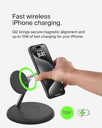Belkin BoostCharge 3-in-1 Wireless Charging Stand with Qi2 15W, MagSafe Compatible Fast Charger for iPhone 17, Air, 16, 15, 14, 13, 12 Series, PixelSnap, AirPods, Apple Watch (PSU included) - Black