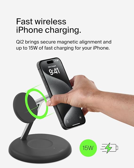 Belkin BoostCharge 3-in-1 Wireless Charging Stand with Qi2 15W, MagSafe Compatible Fast Charger for iPhone 17, Air, 16, 15, 14, 13, 12 Series, PixelSnap, AirPods, Apple Watch (PSU included) - Black