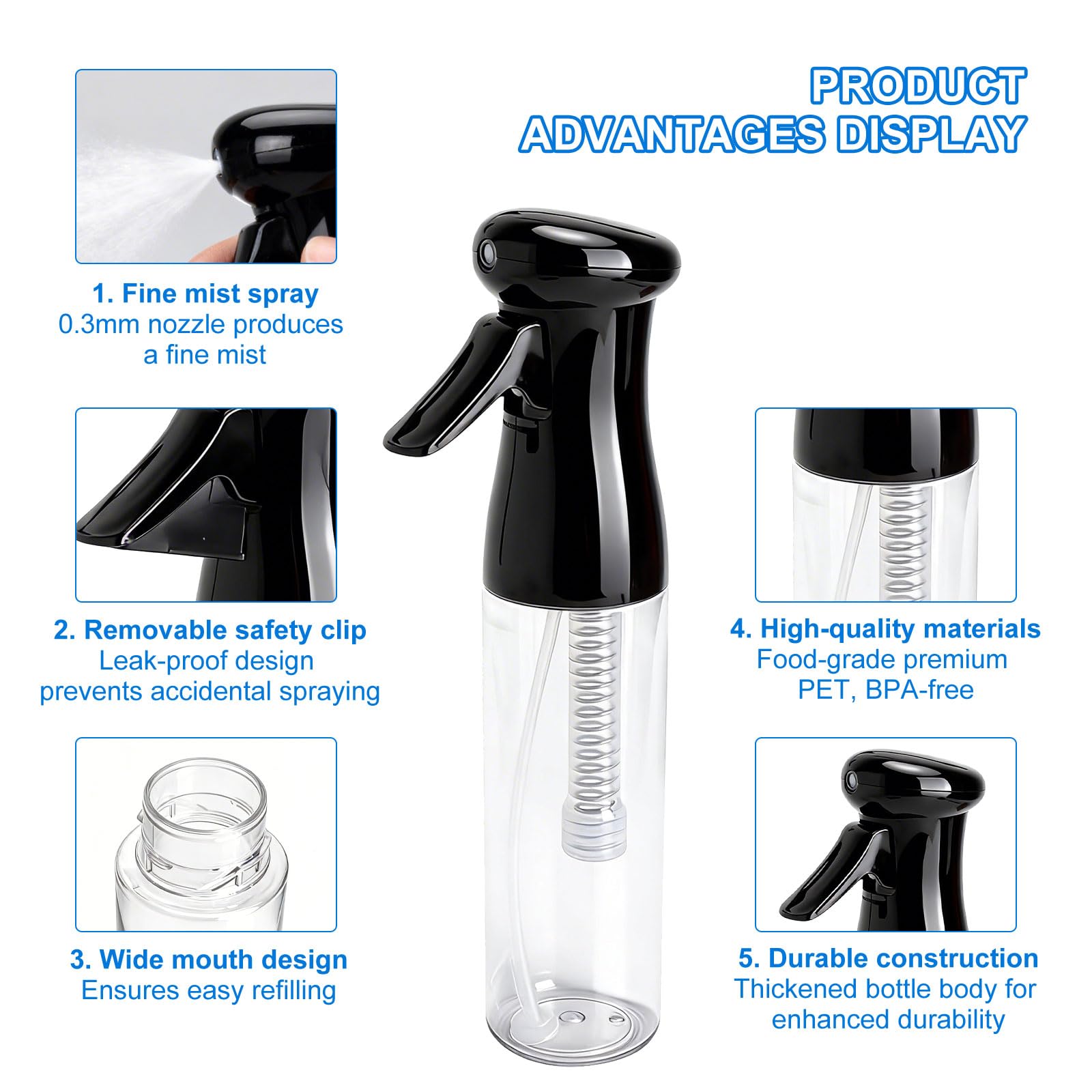 2 Piezas Botella Pulverizadora Ultrafina, Pulverizadores Continuos, Spray Bottle Antigoteo de 300ml, Pulverizador de Agua, spray bottle para Cabello, Plantas y Limpieza, Negro y Blanco