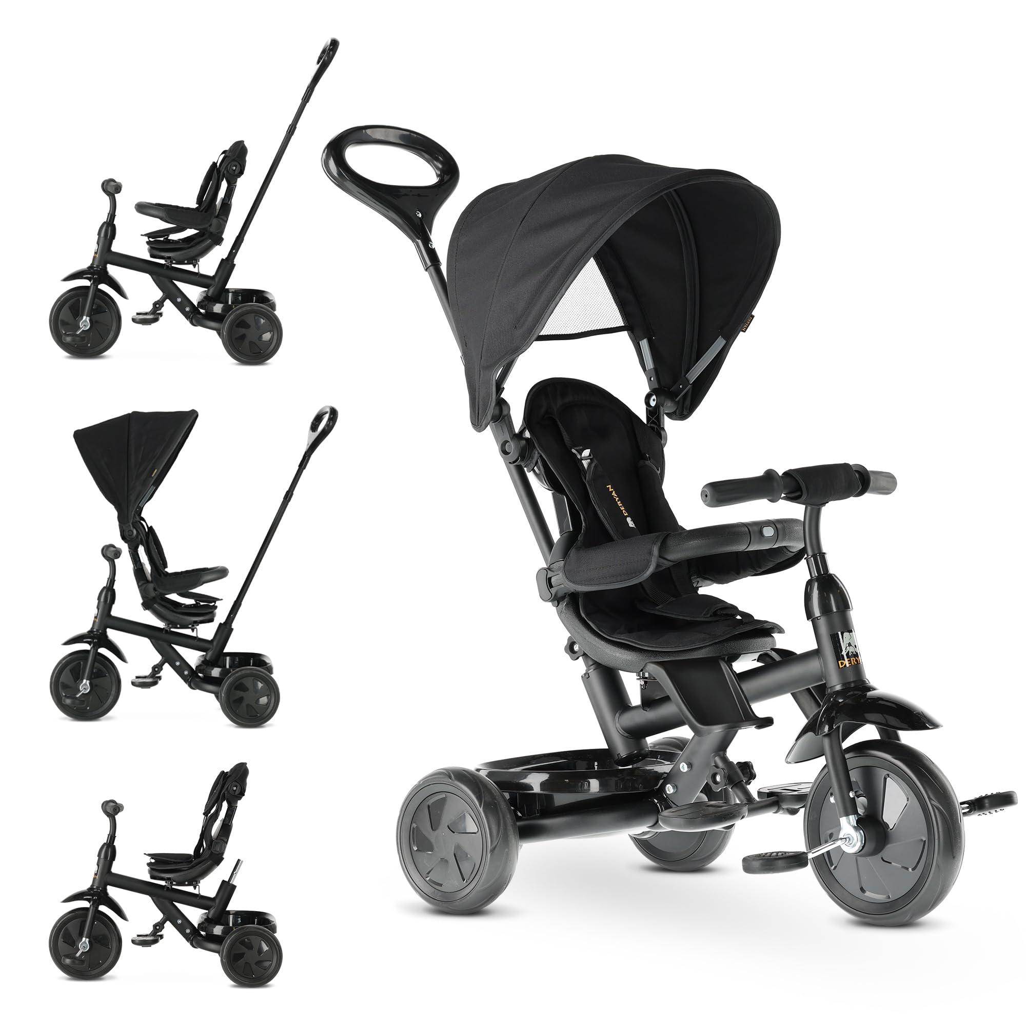 Deryan Adventurer Triciclo 9 Meses a 25 kg - Evolutivo, Bicicleta Sin Pedales, Bicicleta Bebe, para Niños, Asiento Reversible, Capota con protección Solar, Cesta, Arnés de 5 Puntos - Negro