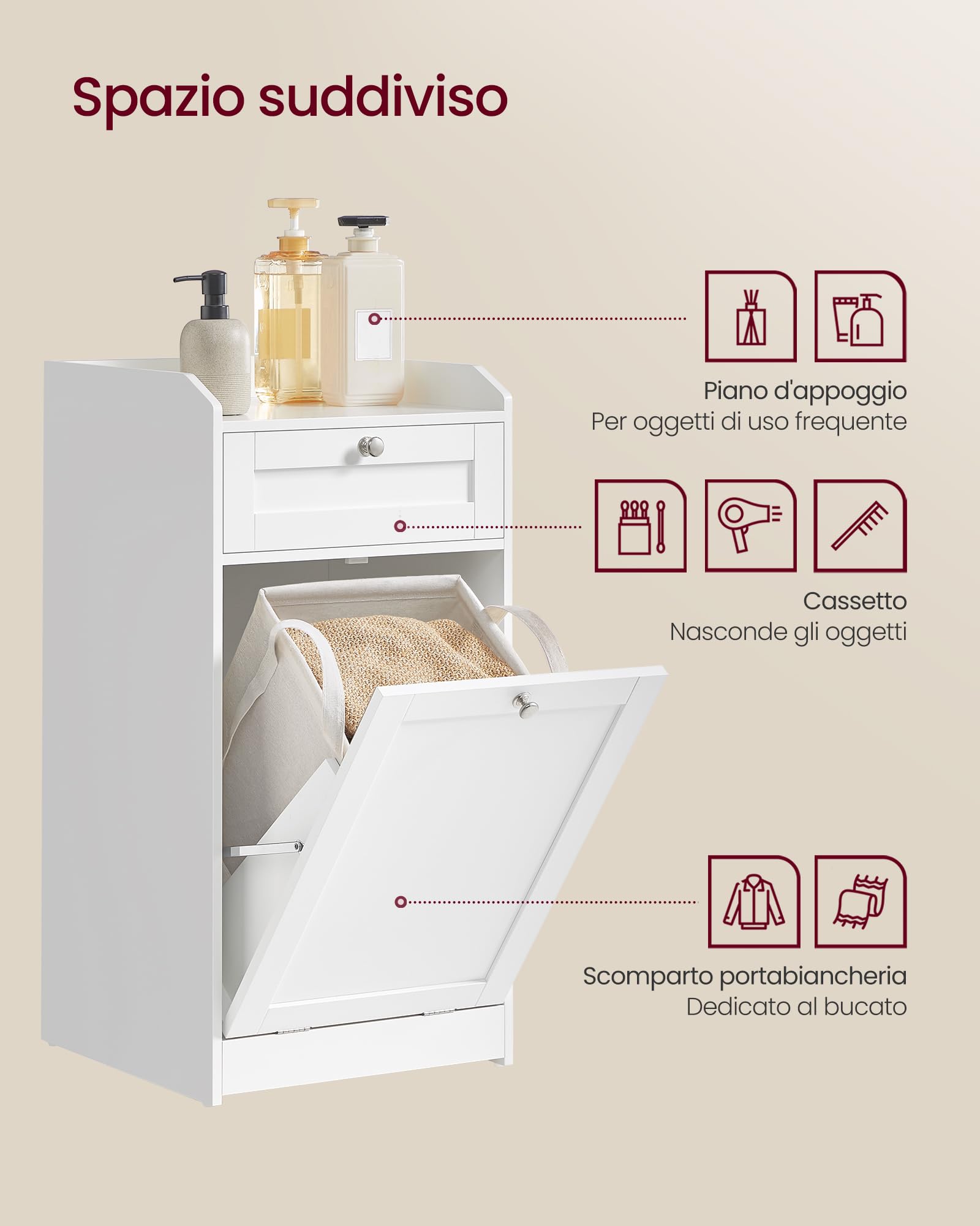 VASAGLE Mobile Portabiancheria per Bagno, Mobiletto Bagno con 1 Cassetto e 1 Cesto Portabiancheria, Sacco Interno Rimovibile con Maniglie, 40 x 40 x 80,2 cm, Bianco Nuvola BBC741W01