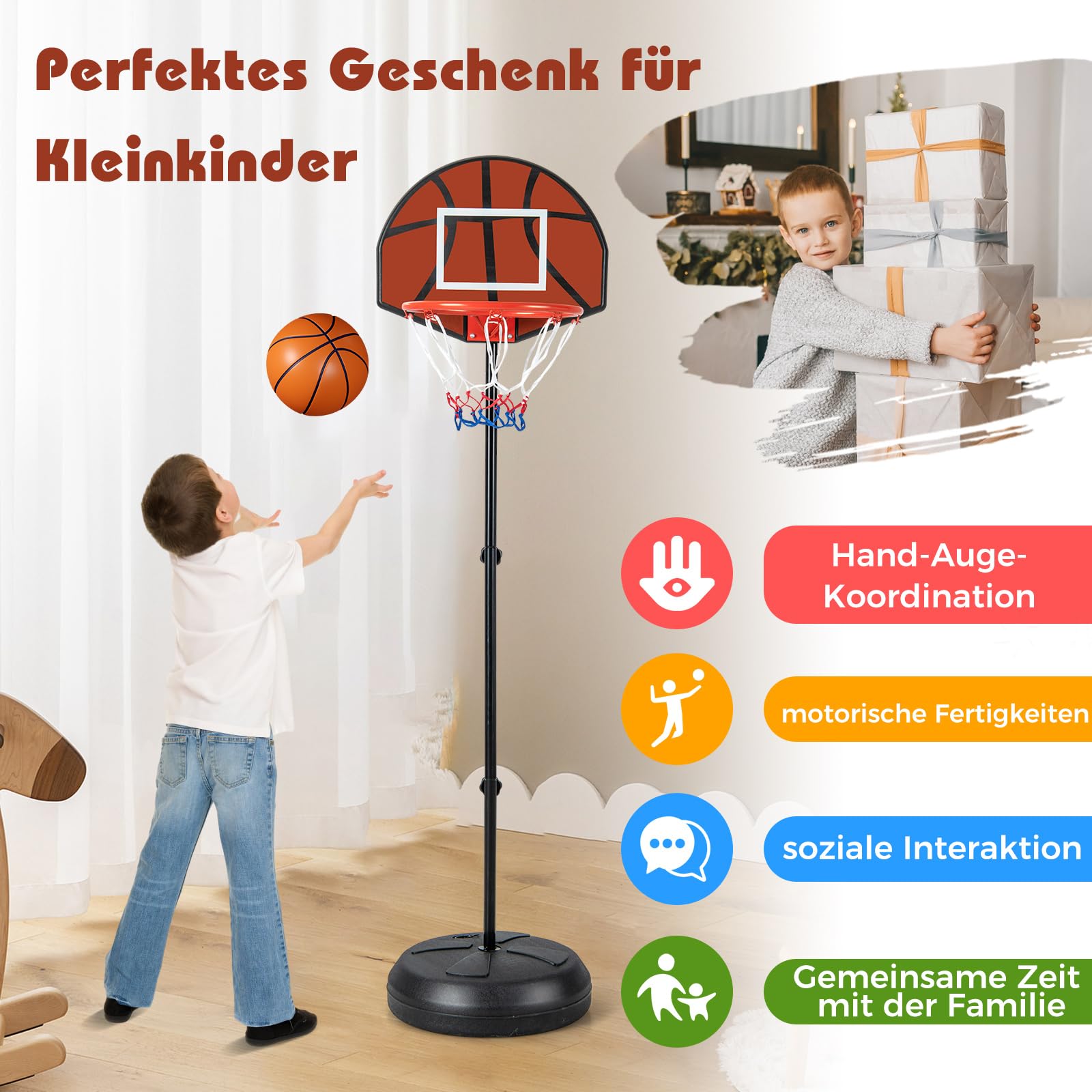 COSTWAY Kinder Basketballkorb mit Dartscheibe, 2 in 1 Basketballständer mit doppelseitigem Rückbrett & 6 Darts, 96-146 cm höhenverstellbar, Basketballkorb mit Ständer für Kinder ab 8 Jahren