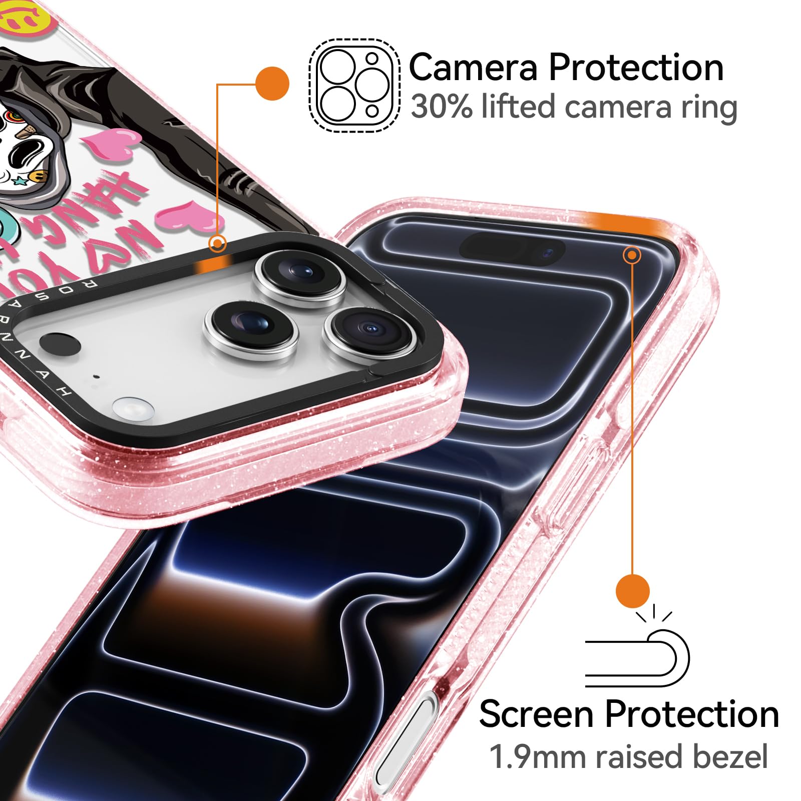 Rosarnnah for iPhone 14 Pro Case Cute - Durable Shockproof 6.6 ft Drop Impact Phone Case - Funny Skeleton Design (6.1") Glitter Pink: iPhone 17 Pro Basic Case Skeleton