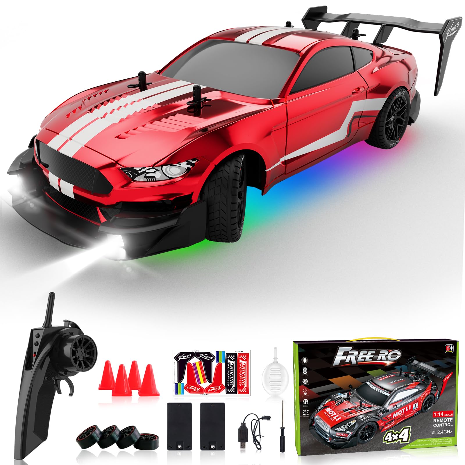 LFOLUSU Remote Control Car RC Drift Car 1:16 Scale 4WD RC Car with LED Lights 2.4GHz 30km/h RTR High Speed Racing Sport Toy Car for Adults Boys Girls Kids Gift 2Pcs Rechargeable Battery