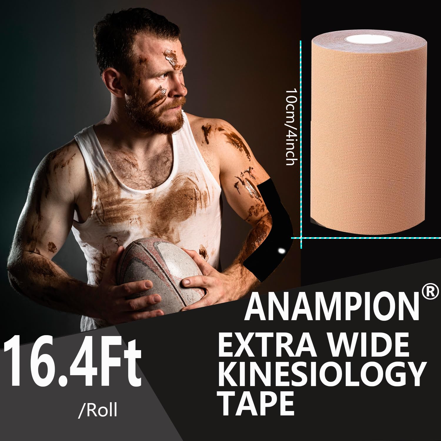 Kinesiologie-Tape, 10,2 cm x 16,1 m, Original-Baumwolle, wasserdicht, Sport-Tape, frei geschnittenes Klebeband für Knöchel, Handgelenke, Knie, elastisches Schwimm-/Sport-Tape, hautfarben, 2 Rollen