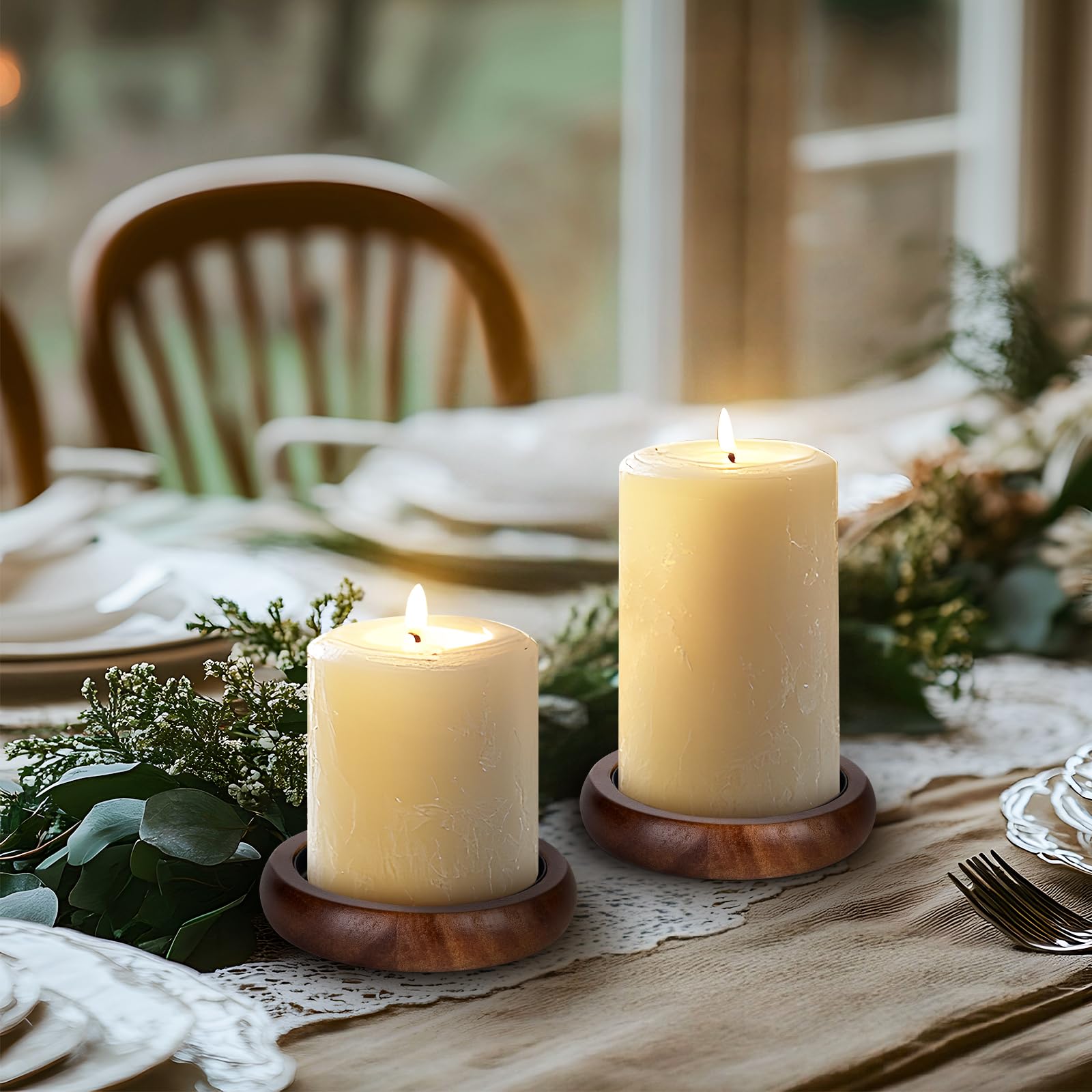 Set di 2 portacandele per candele a colonna, piatto in legno rustico, portacandele decorativo per soggiorno, centrotavola da tavolo, marrone