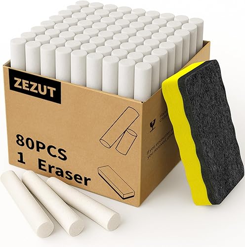 Tiza blanca con borrador magnético, 80 tizas de bajo polvo, a granel para escuela, aula, pizarra, pizarra no tóxica