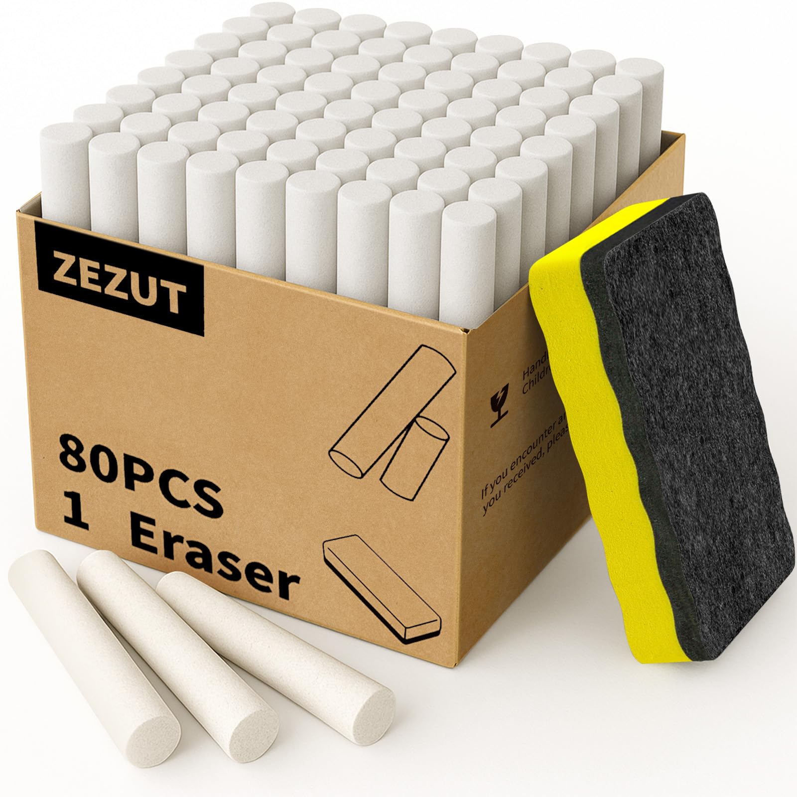 ZEZUT White Chalk with Magnetic Eraser, 80PCS Low Dust Chalks Stick Bulk for School Classroom Chalkboard Blackboard Non-Toxic