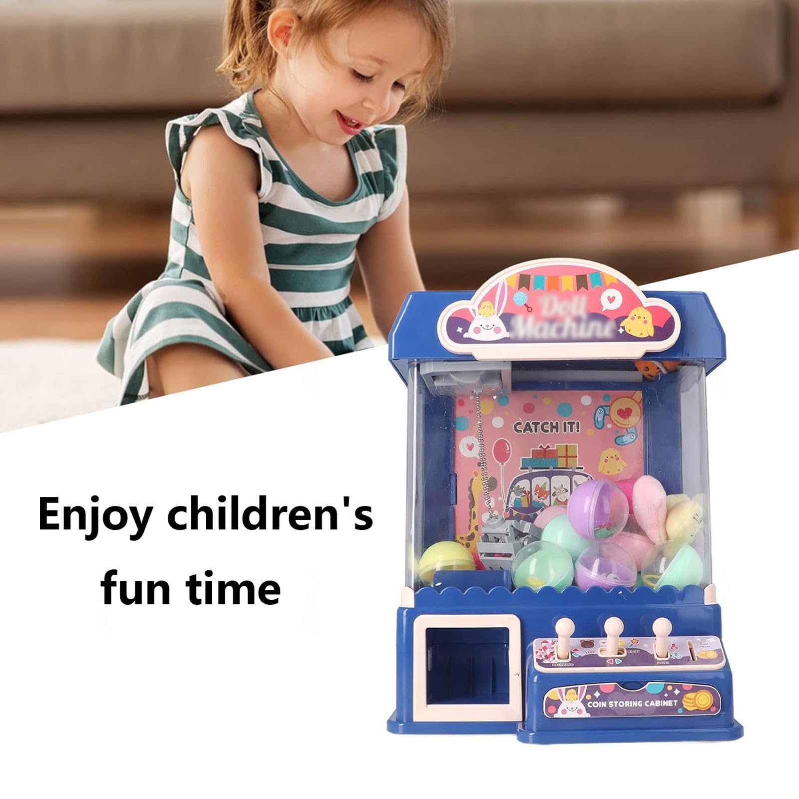 Greifarm Automat, Süßigkeiten Spender Automat mit Licht und Musik,20 Puppen,20 Spielmünzen,10 Gashapons, Spielautomat Lustiges Geschenk für Party-Weihnachten,Blue
