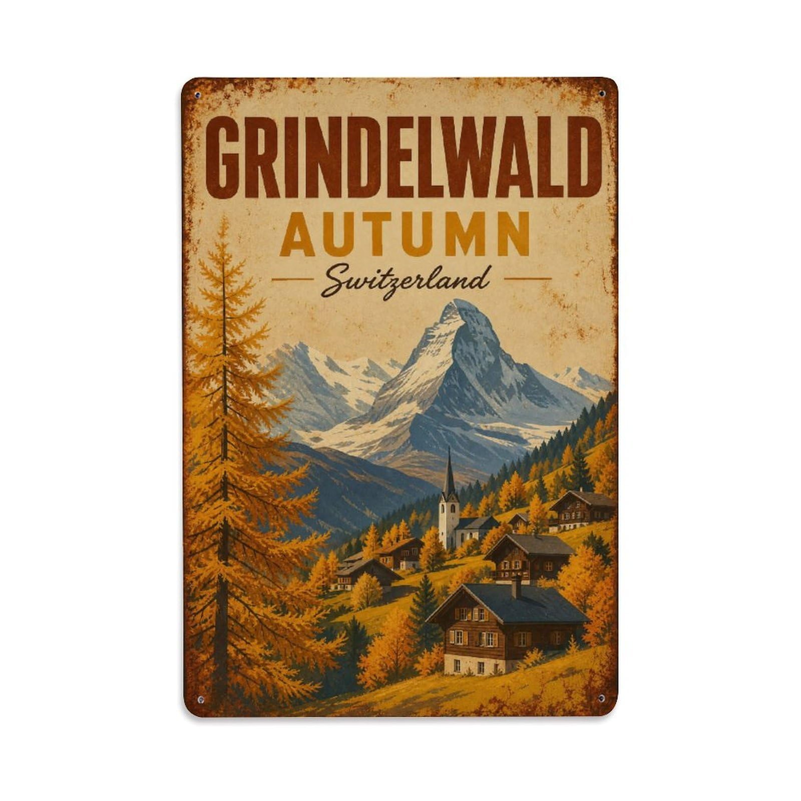 Gead 8X12inch Style Vintage Travel Grindelwald Switzerland Autumn Metal Tin Sign