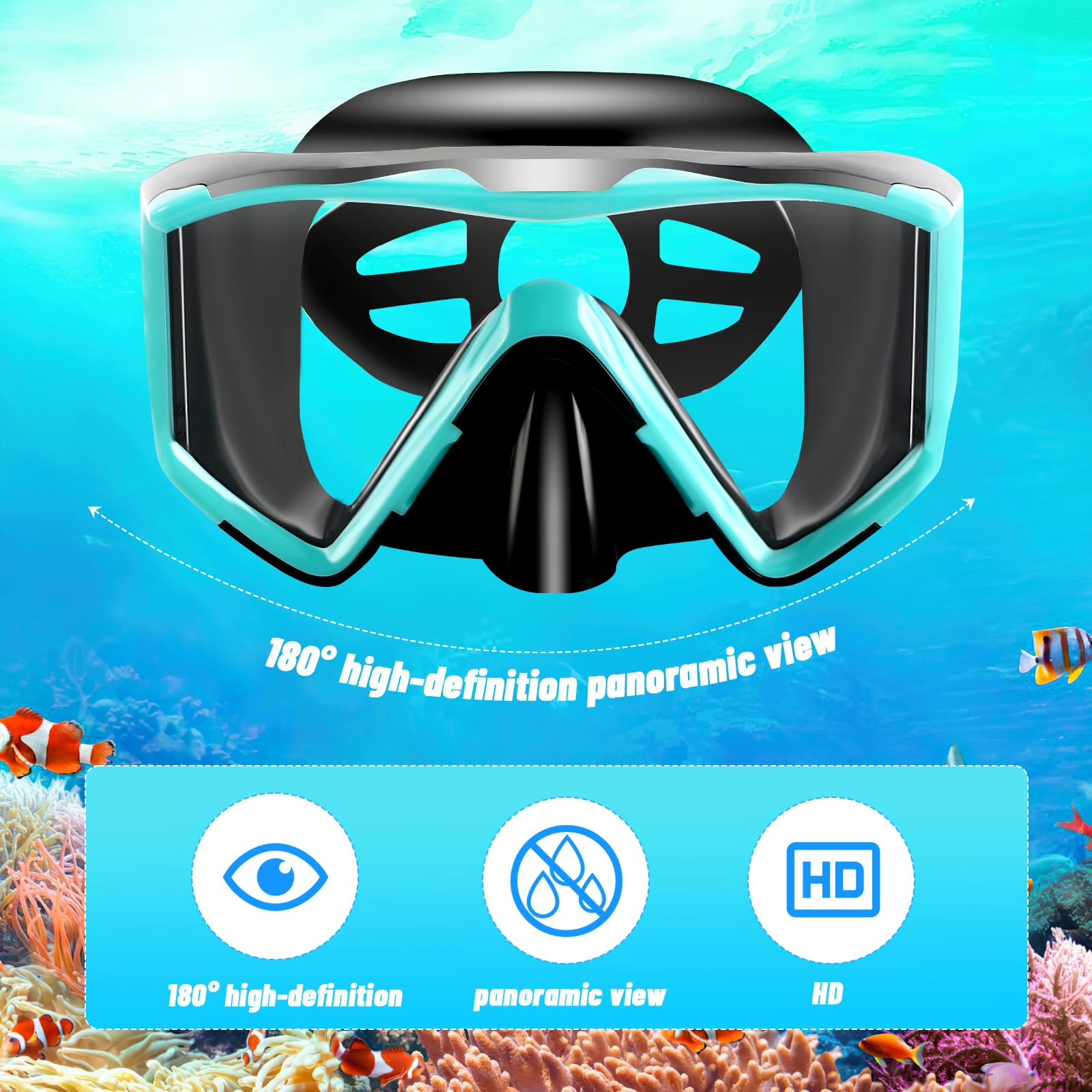 Set per Snorkeling Adulti con Maschera e Boccaglio,Occhialini da Sub panoramici a 180°,Maschera da Snorkeling Antiappannamento e Anti-Perdite,Set da Snorkeling per Snorkeling e Immersioni