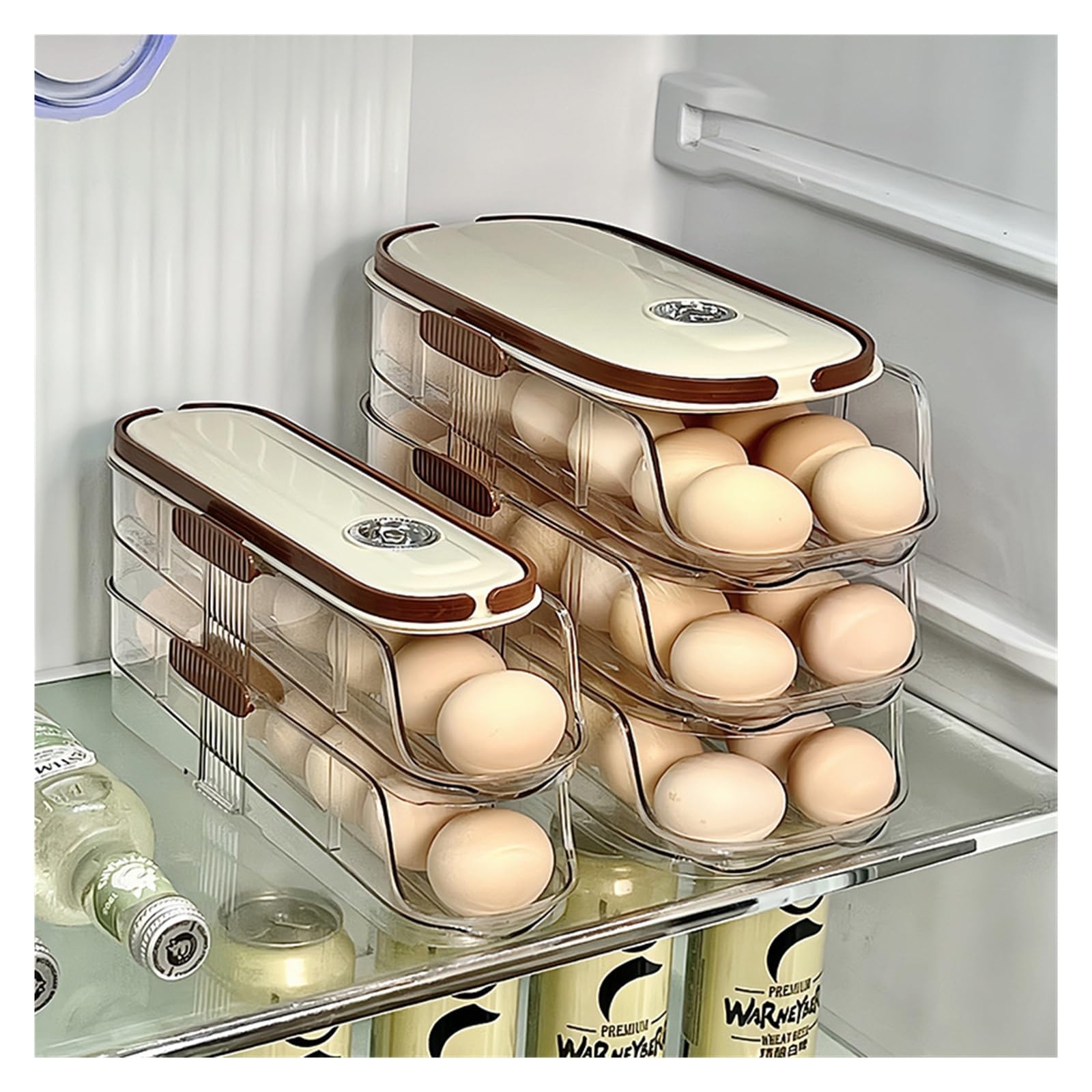 Boîte de rangement automatique pour œufs à roulettes pour congélateur, organiseur à main et porte latérale, porte-œufs avec tracker de fraîcheur (16-24 œufs) (M, 3 animaux)