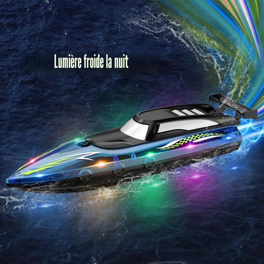 OBEST Bateau Télécommandé RC de Course Haute Vitesse avec Lumières LED, 2.4GHz pour Piscines et Lacs avec 2 Batteries, Jouet de Bateau pour Adulte et Enfant