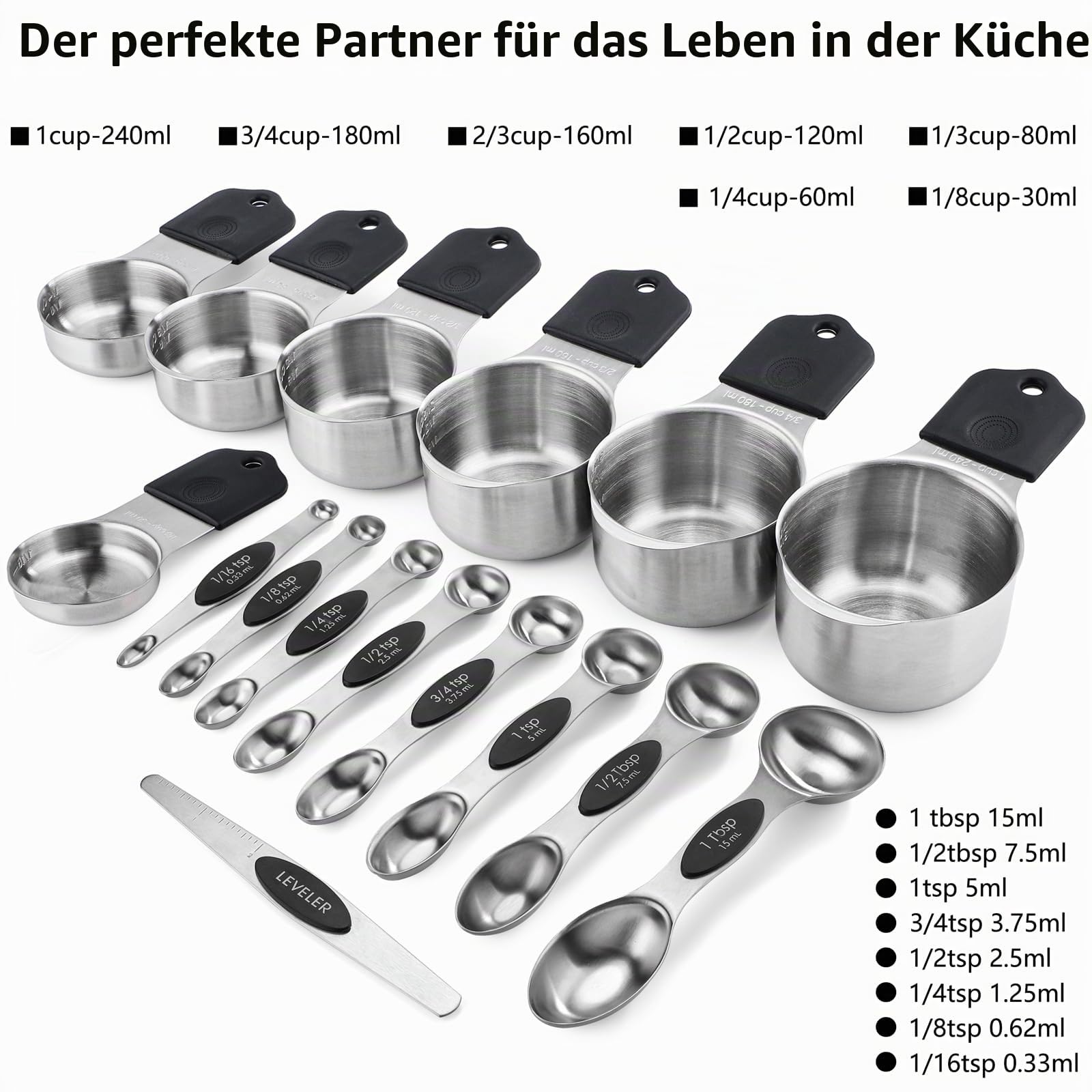 Magnetische Messbecher und Löffel, doppelseitiger Messlöffel | 7 Edelstahl-Messbecher, 8 magnetische Messlöffel, Set mit 1 Nivellierer, Küchenhelfer zum Kochen, Backen