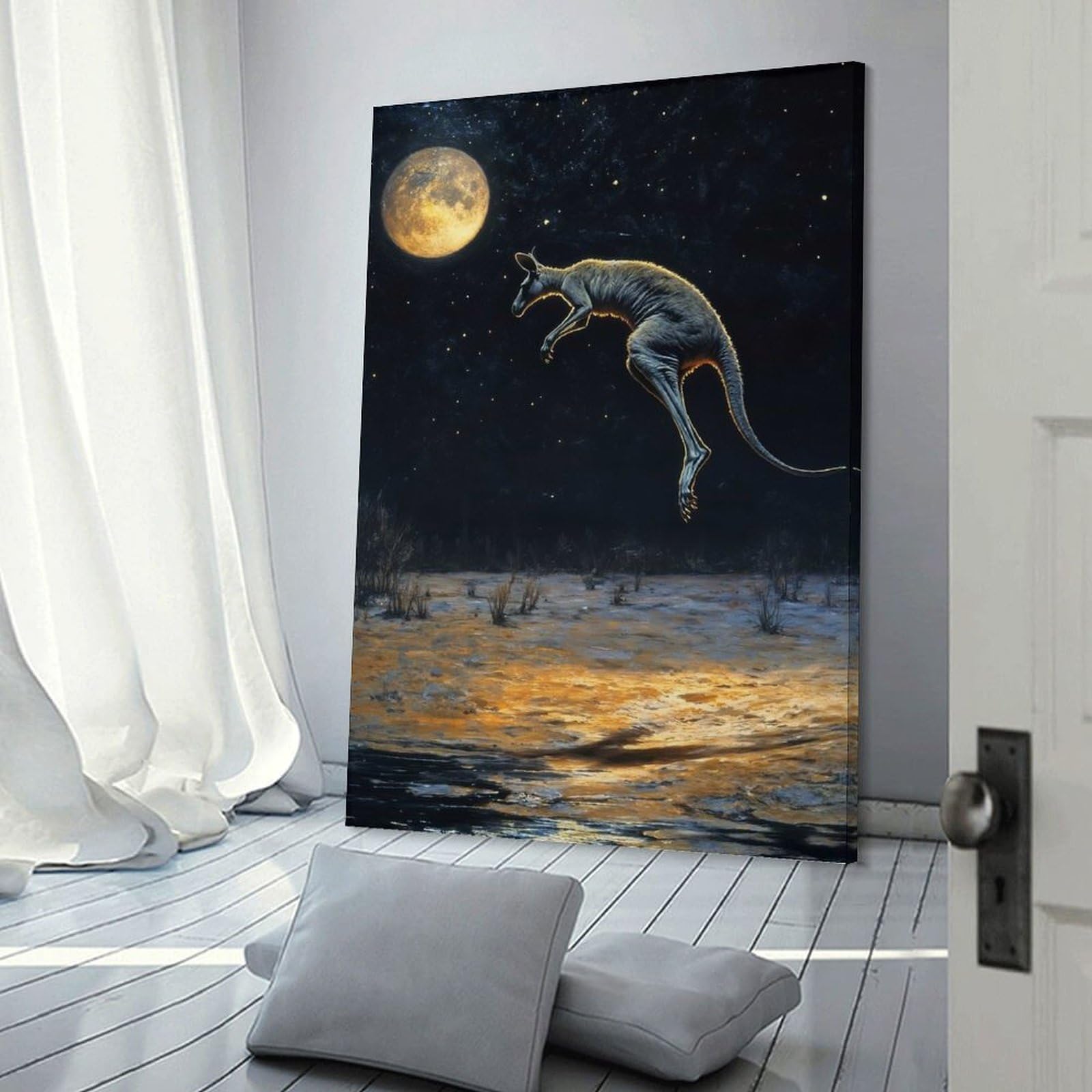 Junmoney Frame-Style-17-1 Kangaroo Leaping Under Moonlight Hanging Wall Art 20X30inch(50X75cm), For Restful Interiors, Bedrooms Or Small Rooms, Home Artwork With A Soft Interior Feel