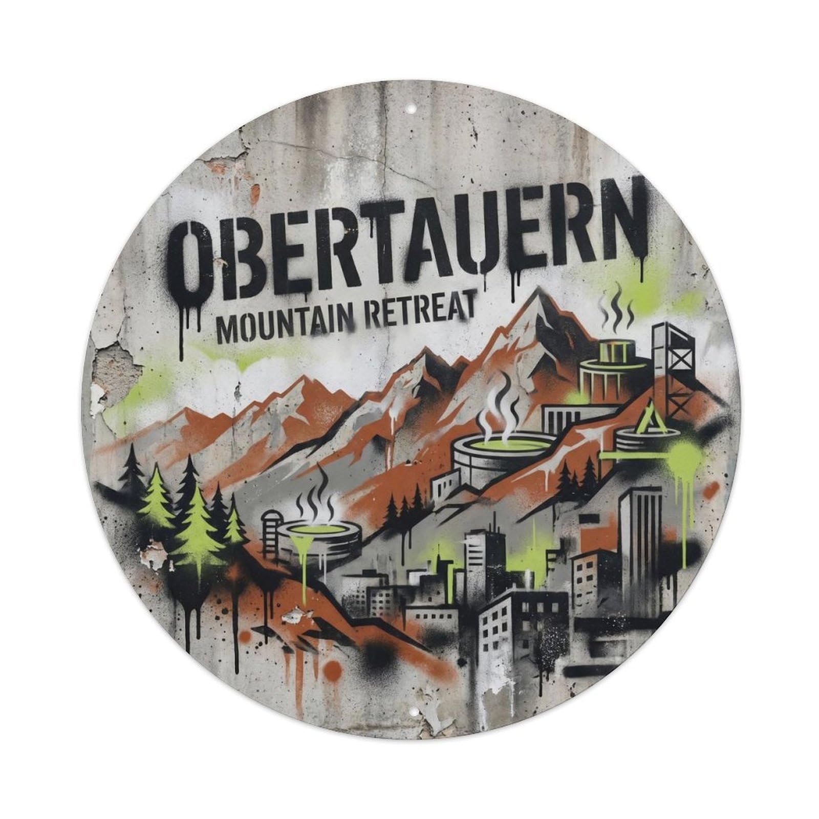 Obertauern Austria Mountain Retreat Vintage Alpine Resort Metal Tin Sign Plaque Wall Decor for Cafe, Man Cave, Club Bar, Office, Home Garden Round Metal Poster 8x8Inch