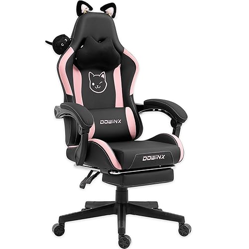 Dowinx Gaming Chair Cute with Cat Ears and Massage Lumbar Support, Ergonomic Computer Chair for Girl with Footrest and Headrest, Comfortable Reclining Game Chair 290lbs for Adult, Teen, Black Cat - Blackcat