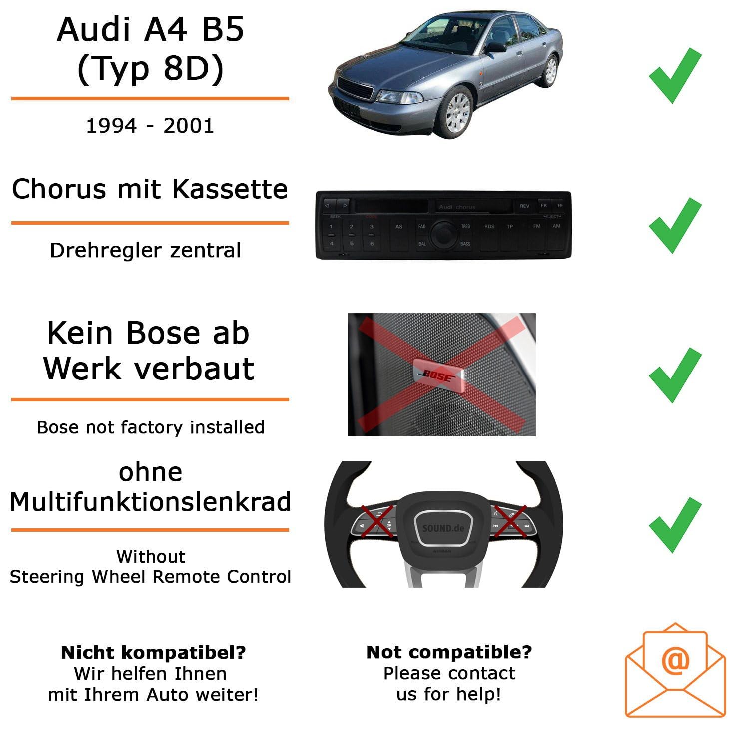 Autoradio Einbaupaket für Pioneer MVH-S320BT für Audi A4 B5, Chorus Kassette | Bluetooth USB