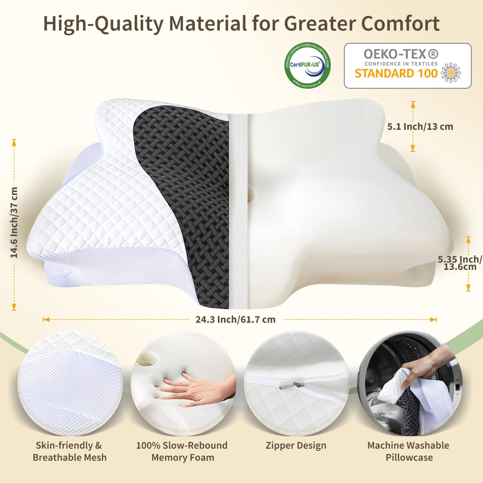 Cuscino per dolori al collo, cuscino ortopedico in memory foam, cuscino ergonomico per chi dorme sul fianco, cuscino cervicale per dorme laterale, schiena e addome, 61,7 x 37 x 13/13,6 cm