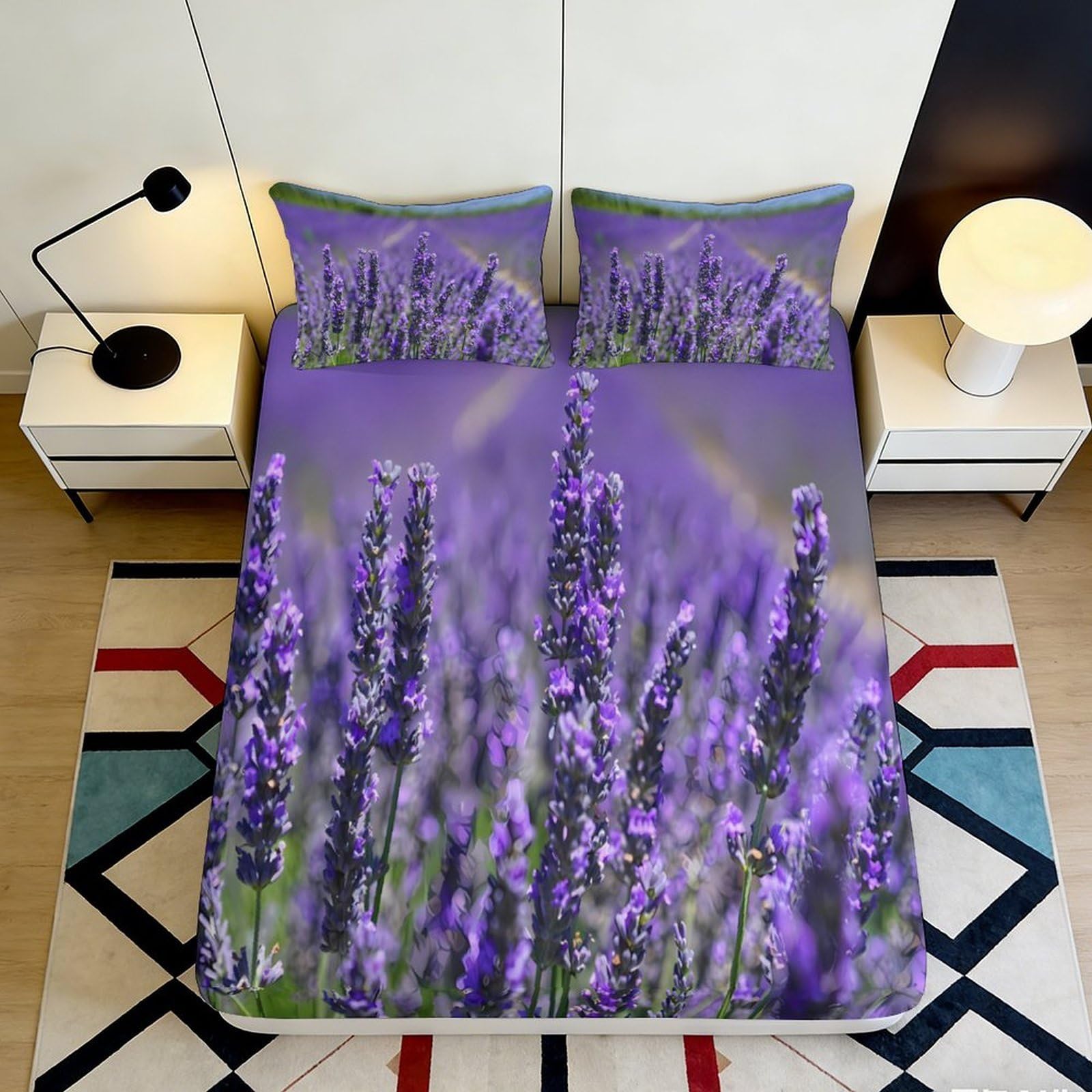 Jqzkxnhpbr Style-5 3D Printed Lavender Bloom Fitted Sheet Microfiber Soft Purple Field Mattress Cover Bedroom Decor Protection 90X200x25cm