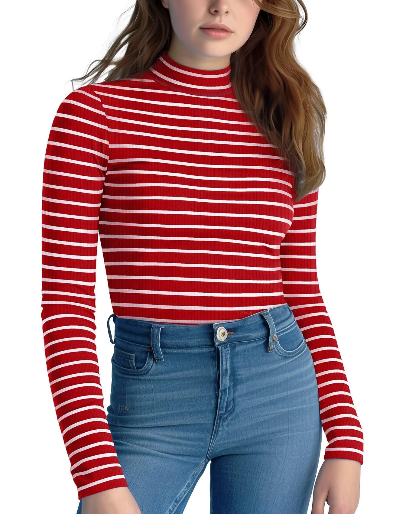 Zengjo Striped Turtleneck Women Long Sleeve Shirt - Fitted Ribbed Mock Neck Basic Layering Undershirt