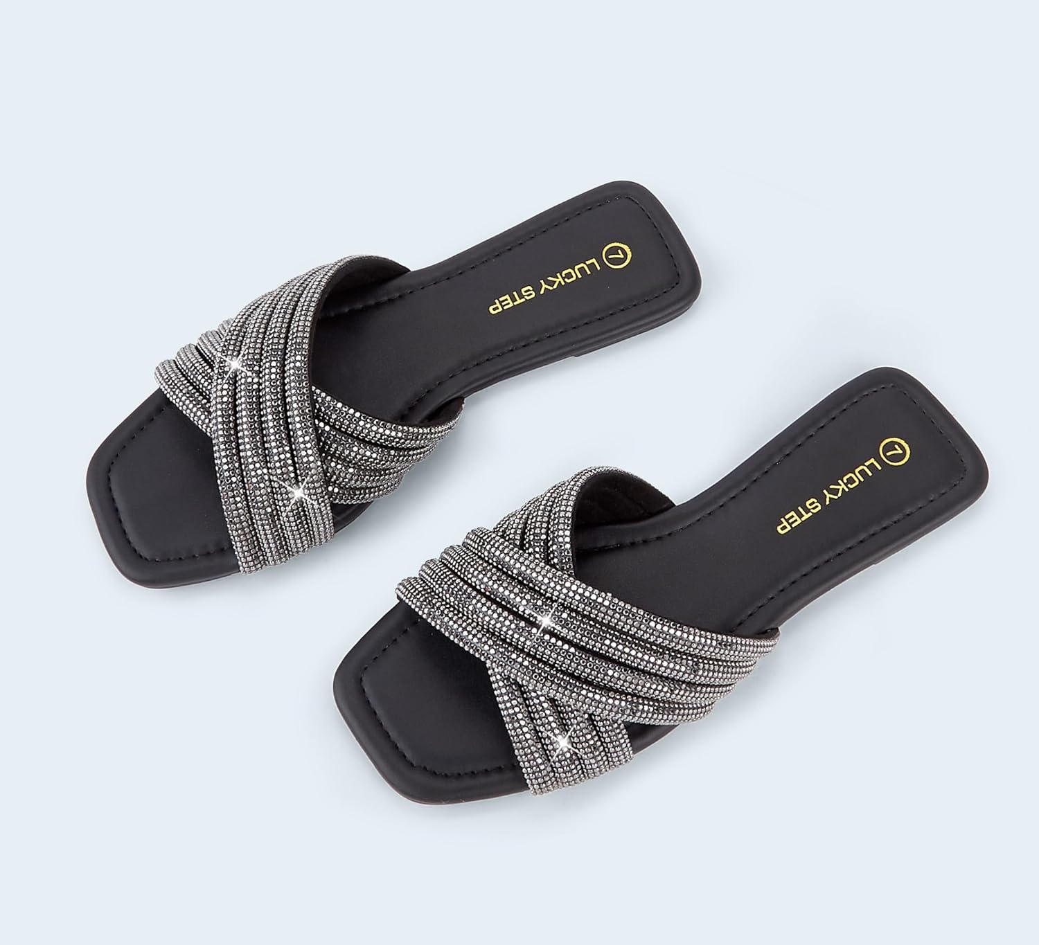 LUCKY STEP Women's Rhinestone Flat Sandals Open Toe Summer Glitter Bling Sparkle Dressy Slip on Outdoor Crossed Strap Slide - Image 4