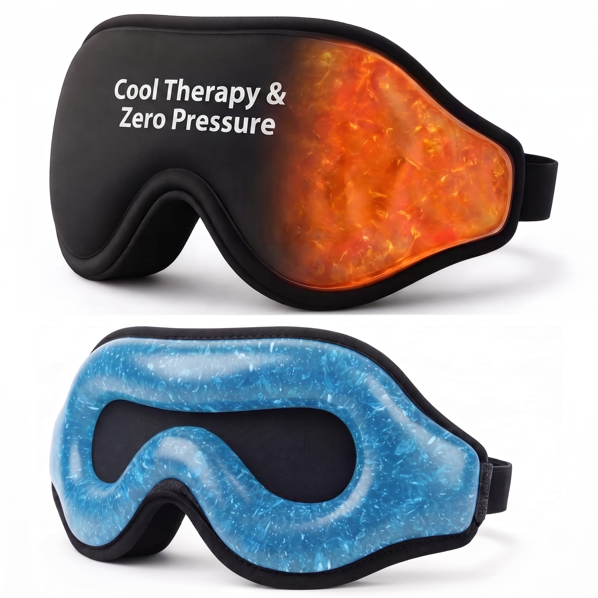 Masque de Sommeil 3D Zéro Pression avec Gel Rafraîchissant, Masque de Nuit Refroidissant, Noir et Bleu