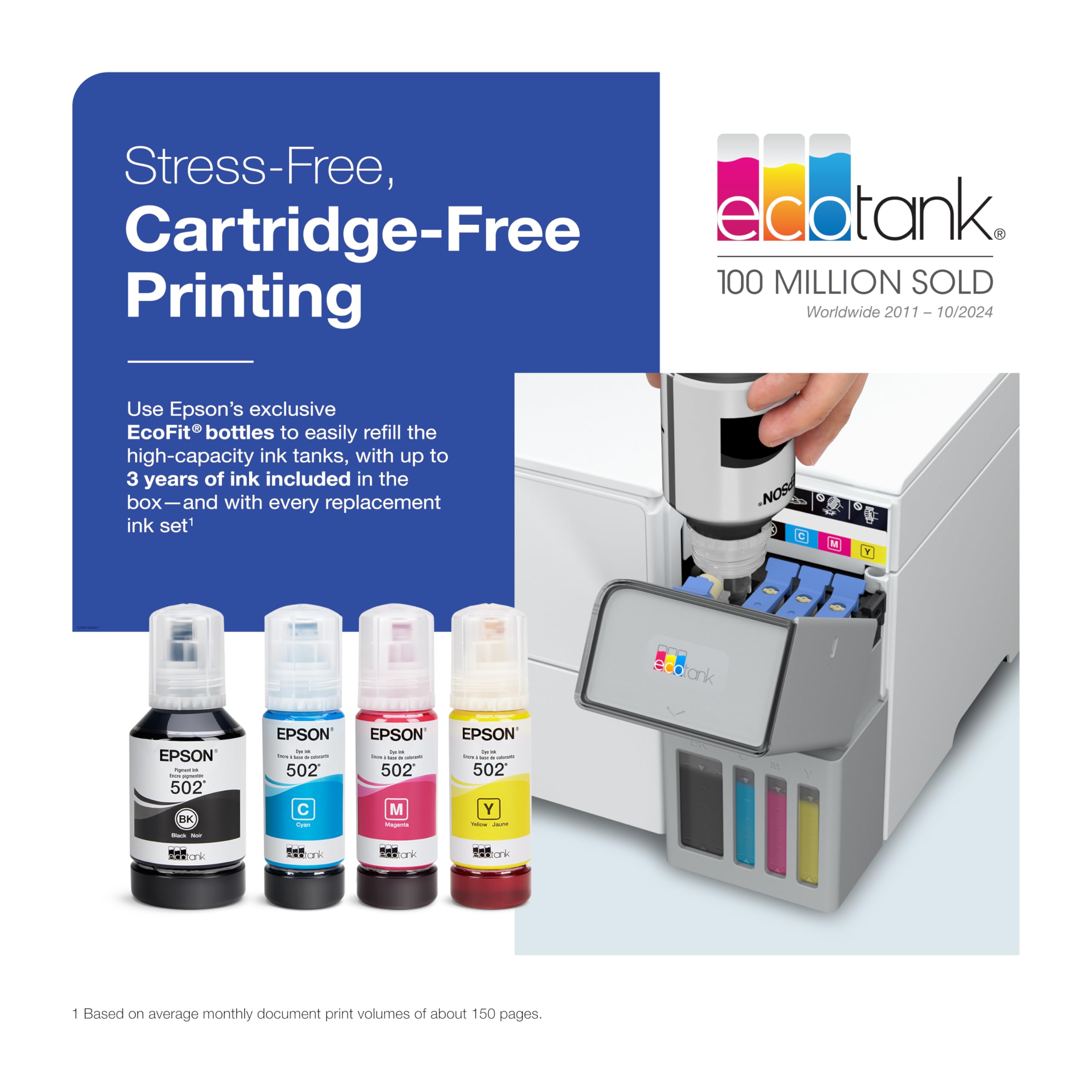 Epson EcoTank ET-3950 Wireless All-in-One Color Supertank Printer with up to 3 Years of Ink, Refillable Tanks, Perfect for Home Office, 18 PPM, 2.4" Color Screen, Auto Document Feeder – White