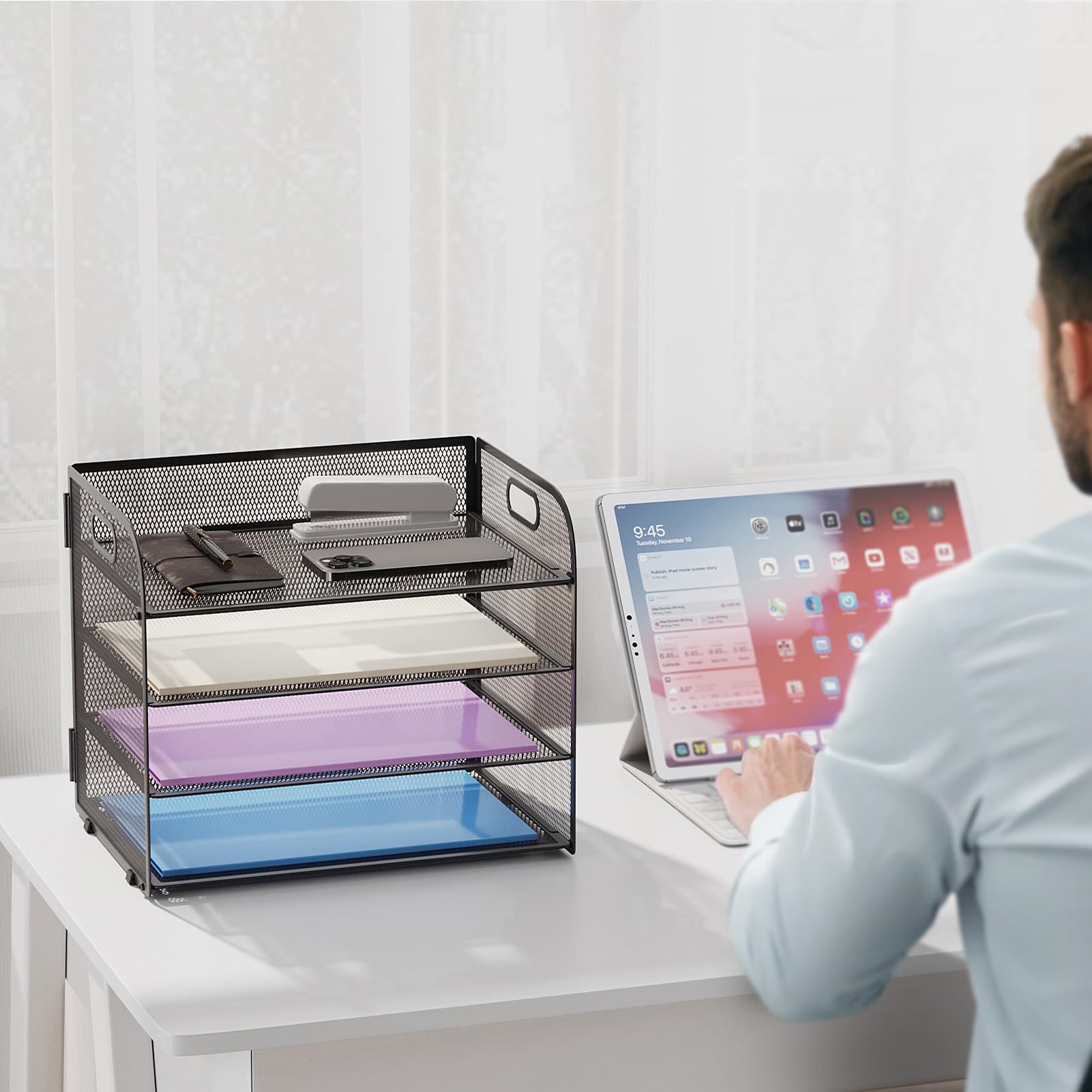 Marbrasse Vassoi da Scrivania,Porta Documenti Organizer Ufficio 4 Livelli con Maniglia, Vassoio in Rete per Portaoggetti Scrivania, Ufficio, Casa, Archivio A4, Archiviazione Accessori(Nero)