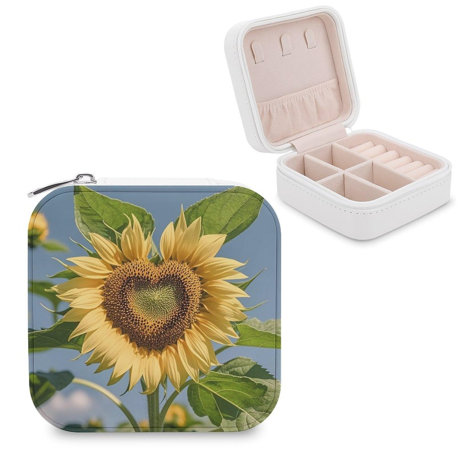 LZQPOEAS Heart Shaped Sunflower Jewelry Box Mini Jewelry Travel Case Trendy Stuff Ring Box Custom PU Leather Jewelry Boxes Portable Jewelry Case Earring Storage Organizer for Girls Women