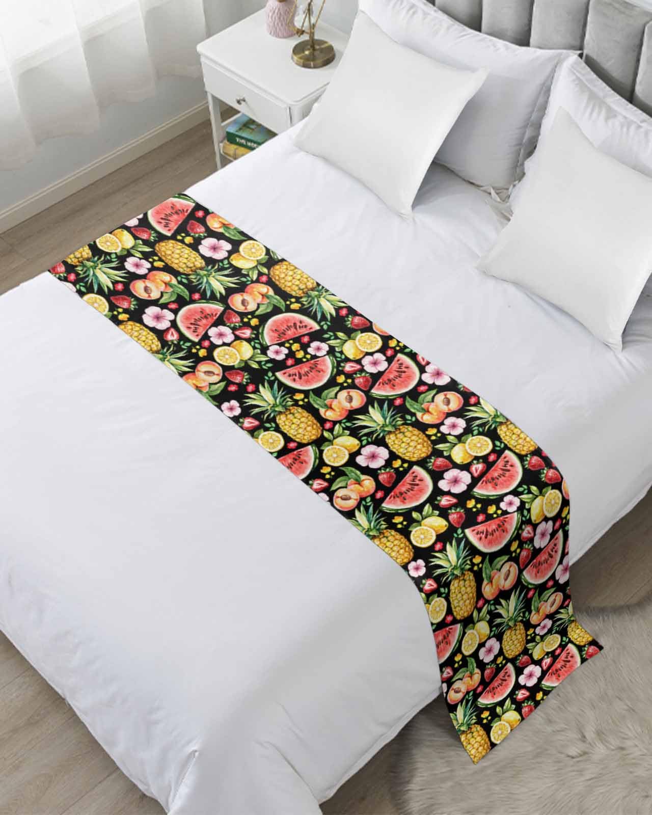 Twin Bed Runner Watermelon Pineapple Strawberry Lemon Bedding Runner Scarves Decorative Bed Scarf, Watercolor Flower Soft Bed Runners for Bedroom Hotel Wedding 71x20IN