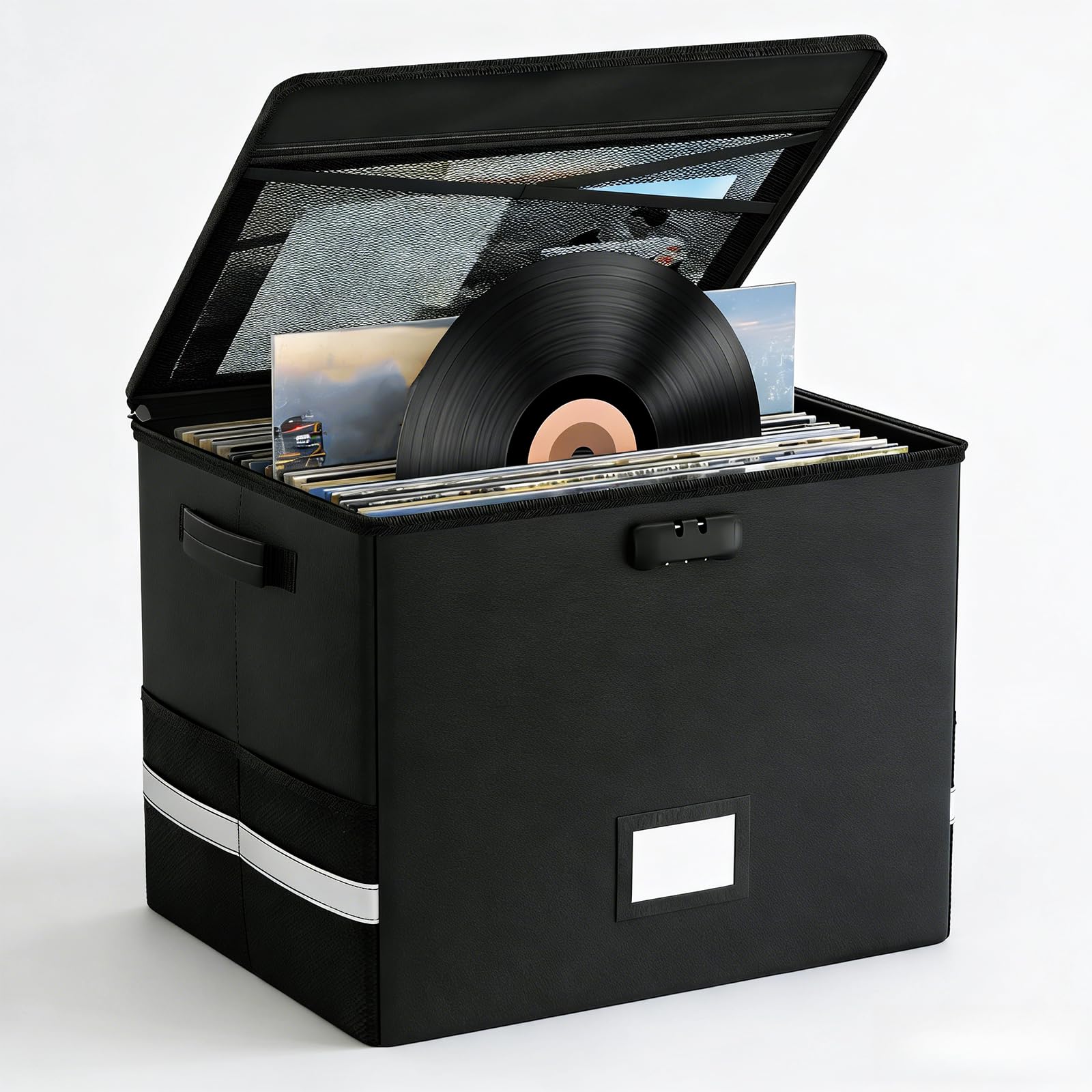 Caja de almacenamiento ignífuga para discos de vinilo con cerradura, gran capacidad, plegable e incluye etiqueta de nombre. Perfecto para coleccionistas de álbumes raros. Caja de música para el
