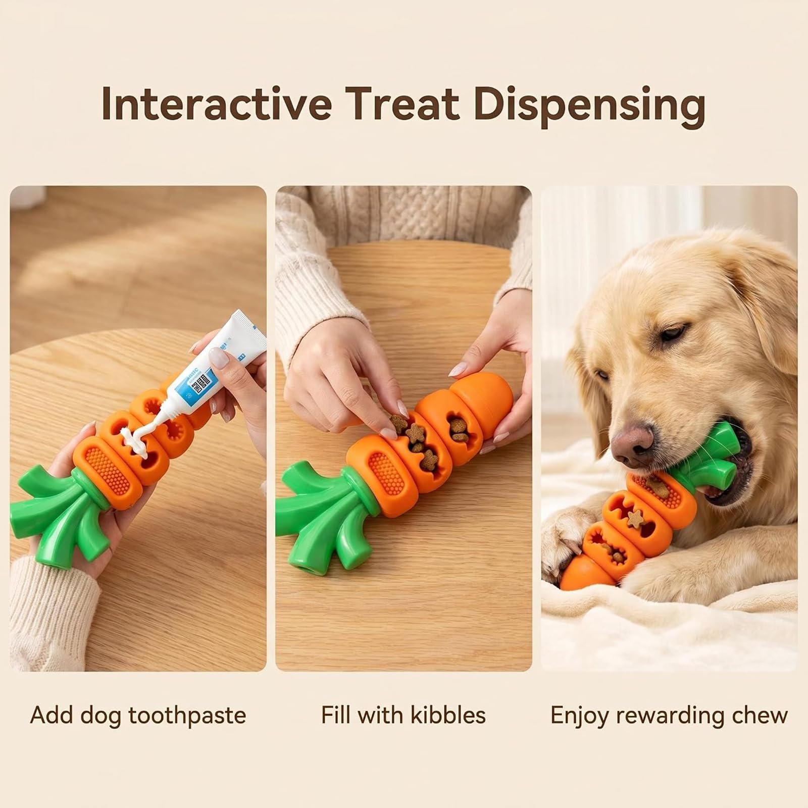 Giocattolo da masticare per cani a forma di carota, in nylon resistente e gomma naturale, con dispenser di snack, giocattolo dentale interattivo per cani per la pulizia dei denti (3PCS)