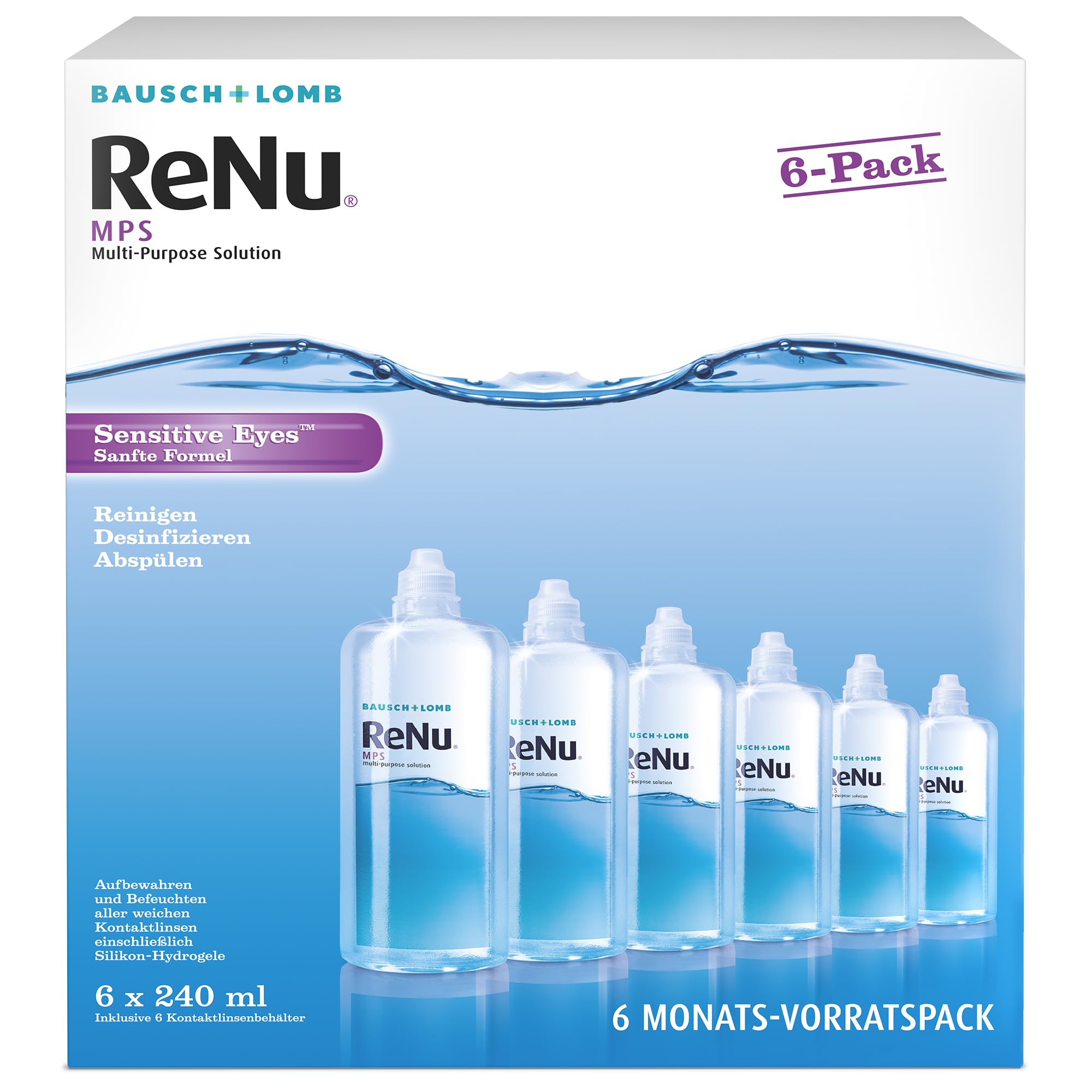 Bausch + Lomb ReNu MPS Sensitive Eyes Kombilösung - Kontaktlinsenreiniger und Aufbewahrungslösung, weiche Kontaktlinsen, Halbjahrespack, 6 x 240 ml