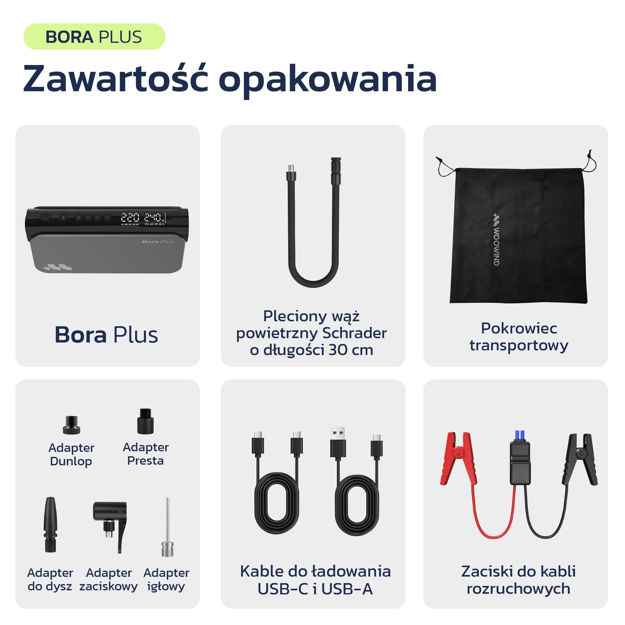 Wooowind Bora Plus 3w1 Przenośny Kompresor do Opon 150PSI | Rozrusznik awaryjny, pompka opon, powerbank, auto wyłączanie, LED, manometr, dysze, 10,3 BAR