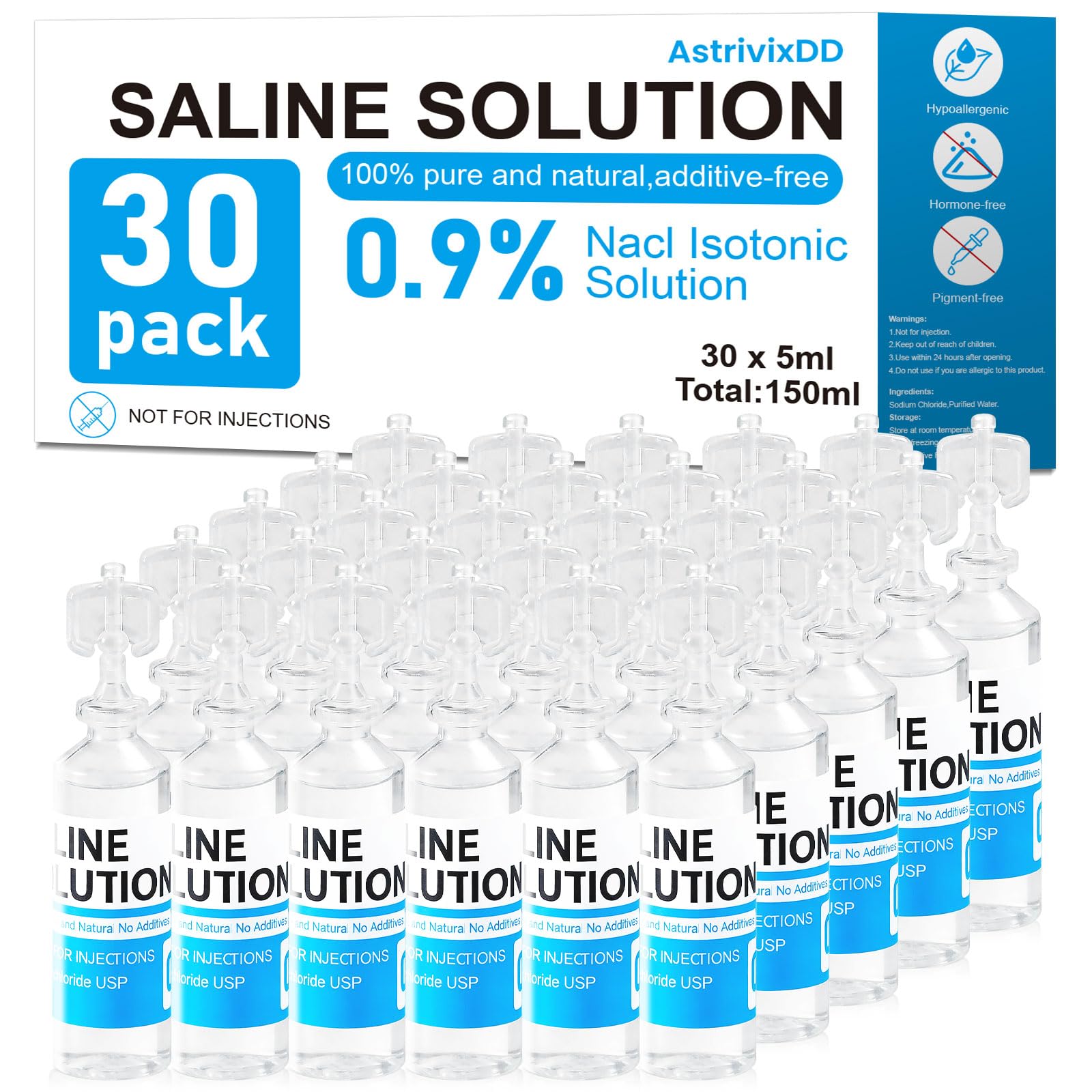 30 Pack 0.9% Saline Solution, Normal Solution for All Ages, Total 150ml