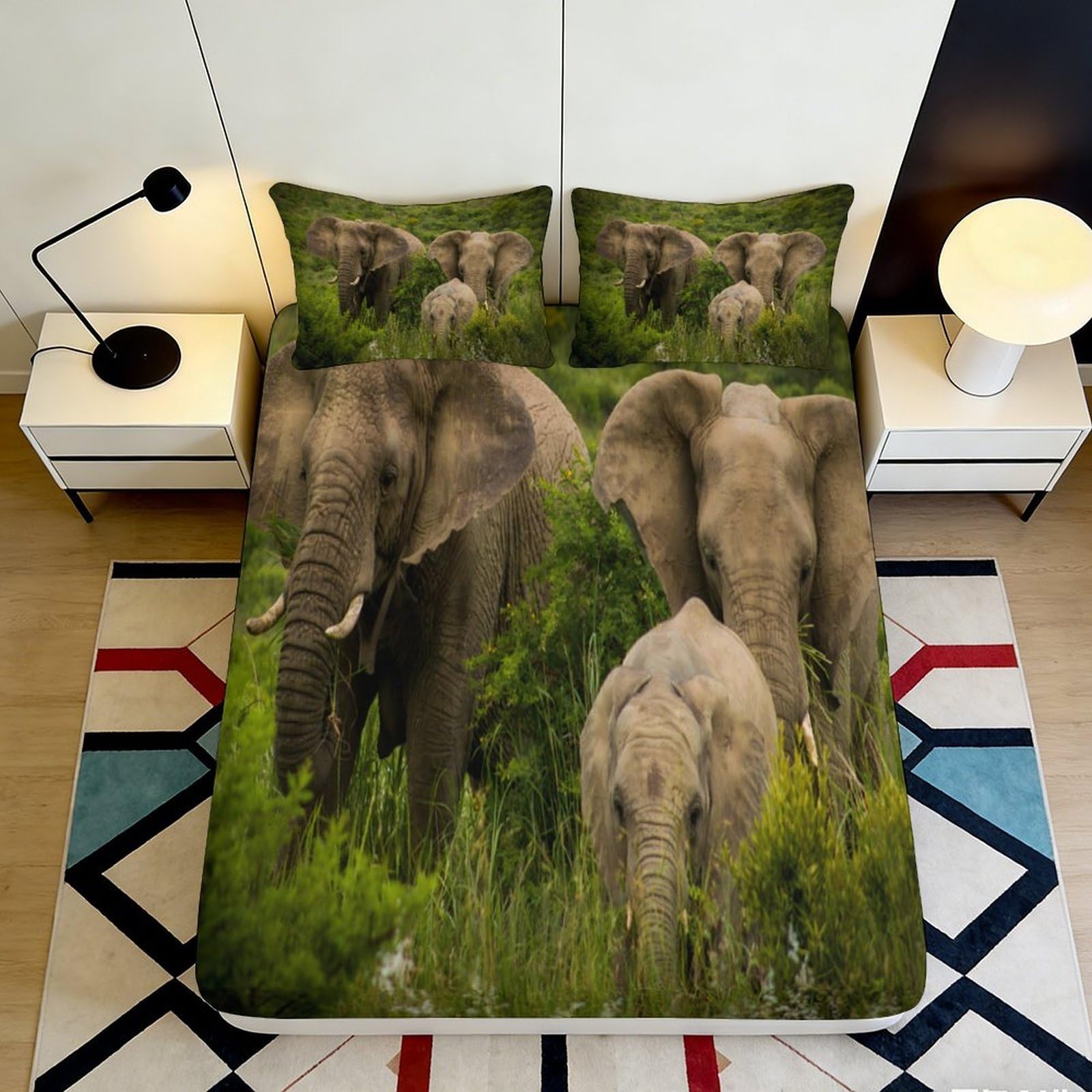 3D Printed African Elephant Herd Fitted Sheet Microfiber Soft Anti-Slip Mattress Cover for Bedroom Dorm Decor 120x200cm 90x200x25cm