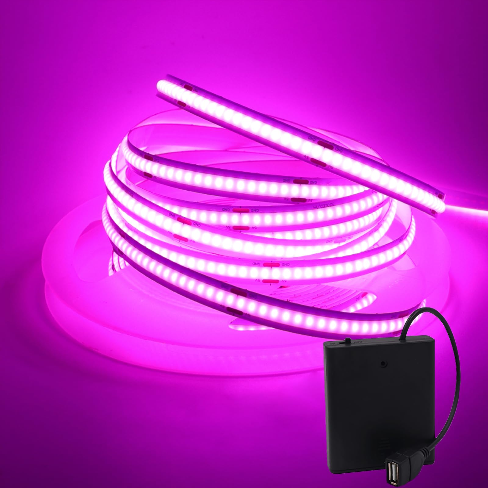 MIGUDA COB LED Strip Light, Ultra-Bright Self-Adhesive Tape, 320 LEDs/m Flexible LED Band with USB 4AA Battery Box for Christmas Decor (Batteries not Included) (5M, Pink)