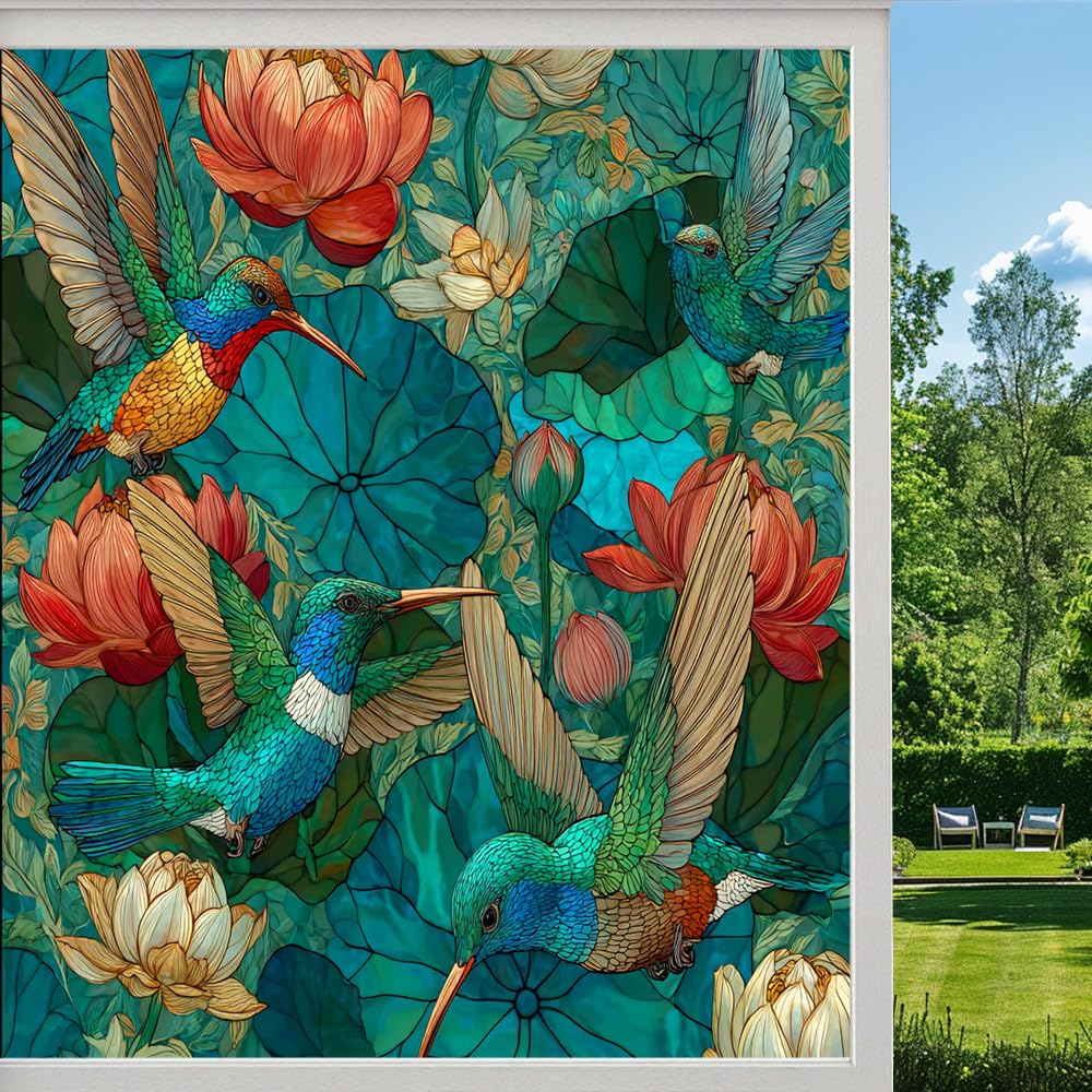 Abstract Hummingbird Frosted Window Film, Colorful Bird Floral Stained Glass Privacy Film, Heat Insulation Self-Adhesive Vinyl for Bathroom Office, （50x100cm）
