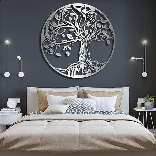 Arte de pared de árbol de la vida, arte de pared de metal árbol de la vida, silueta de árbol de metal redondo negro montado en la pared, decoración