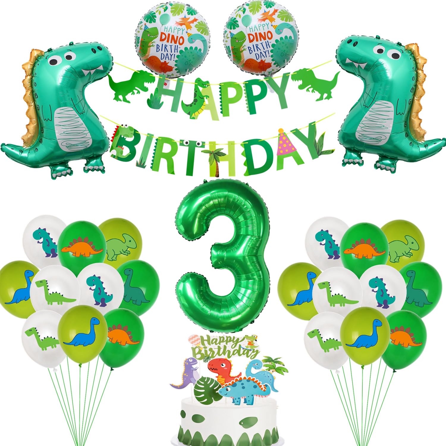 Dino 3 años decoración de cumpleaños, decoración dino 3 años fiesta de cumpleaños, dino globo de papel de aluminio 3 años decoración de cumpleaños de niño, globos 3 años cumpleaños decoración