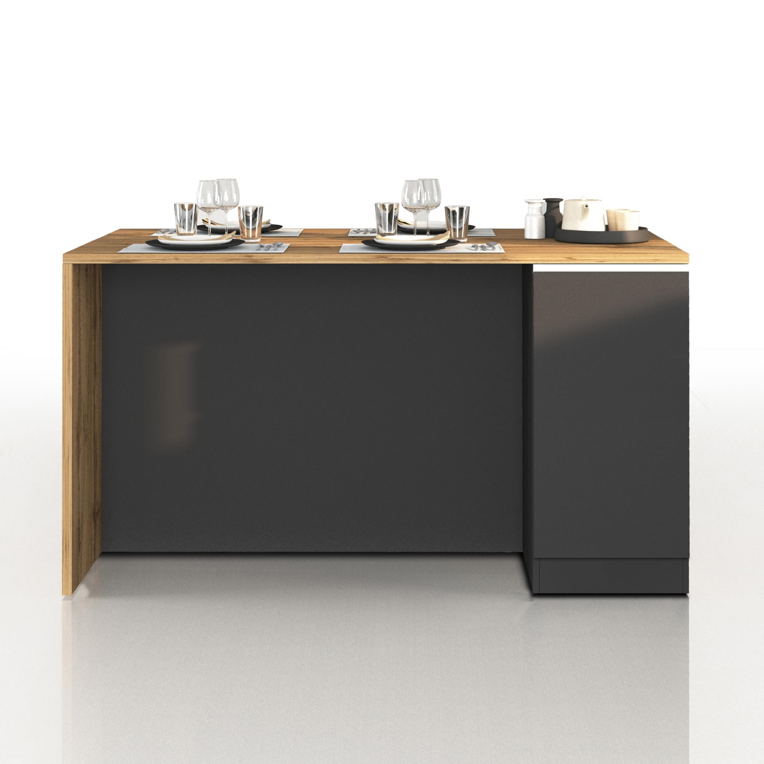 WHOUS Îlot de Cuisine Sole avec 2 Portes, Table à Manger et Plan de Travail, Idéal pour Cuisines Ouvertes et Petits Espaces, Dimensions 160 x 90 x 90 cm, Bicolore Anthracite Opaque et Chêne