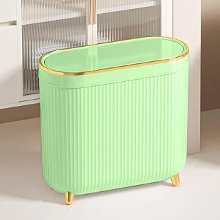 Aupekro Bathroom Trash Can with Lid, 3.1 Gallon Slim Trash Bin, 12 Liter Small Rectangular Trash Can, Plastic Narrow Garbage Can with Press Type Lid for Living Room, Bedroom, Office (Green)