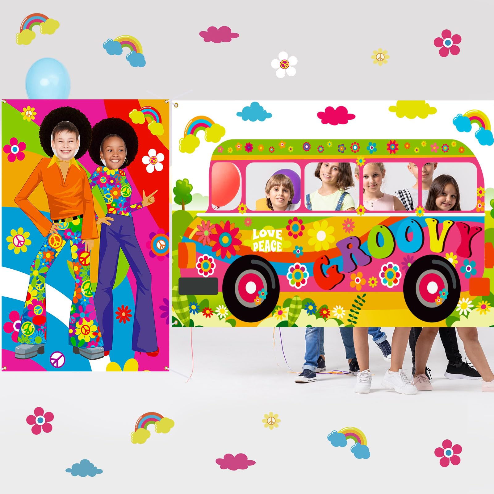 Buryeah 2 Pcs 60's Theme Party Decorations Hippie Bus Photo Prop Hippie Theme Party Backdrop Groovy Selfie Frame Banner for Retro 60s 70s Decor